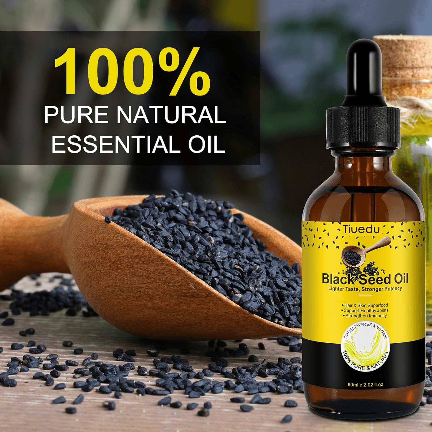 Tiuedu Aceite de semilla negra orgánica para cabello, cuerpo y piel, 100% puro, aceite de semilla negra prensado en frío, mejor para articulaciones
