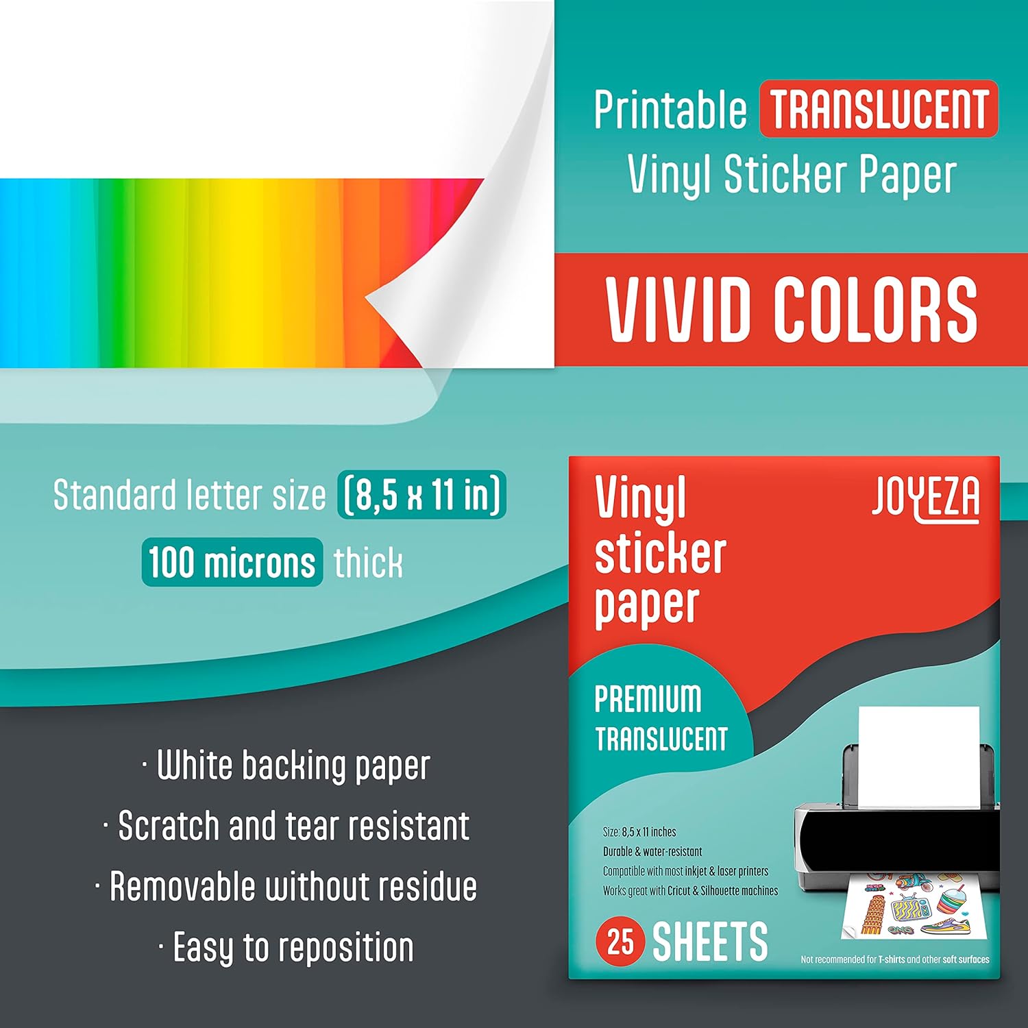 JOYEZA Papel adhesivo de vinilo imprimible de alta calidad para impresora de inyección de tinta, 25 hojas brillantes + 25 hojas translúcidas, blanco