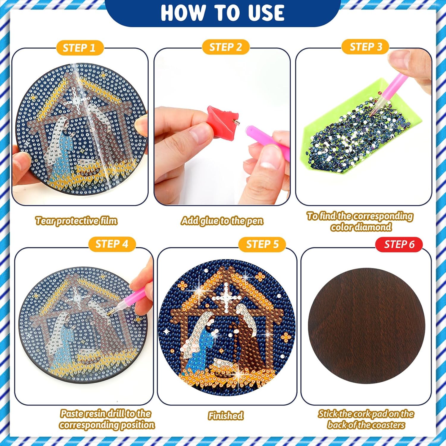 8 posavasos de arte de diamantes de Navidad, posavasos de pintura de diamantes de caramelo con soporte, kit de pintura de diamantes de Navidad,