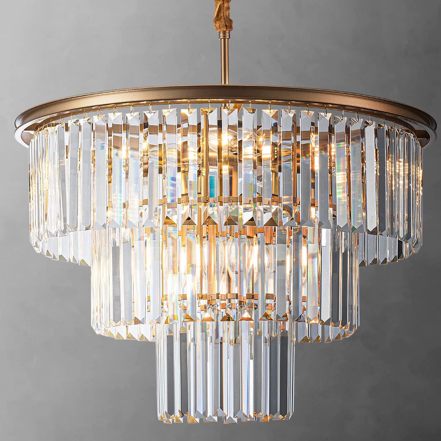 Candelabro colgante de cristal moderno dorado de 23.64 pulgadas, 12 luces, lámpara colgante de 3 niveles, iluminación colgante de cristal para sala