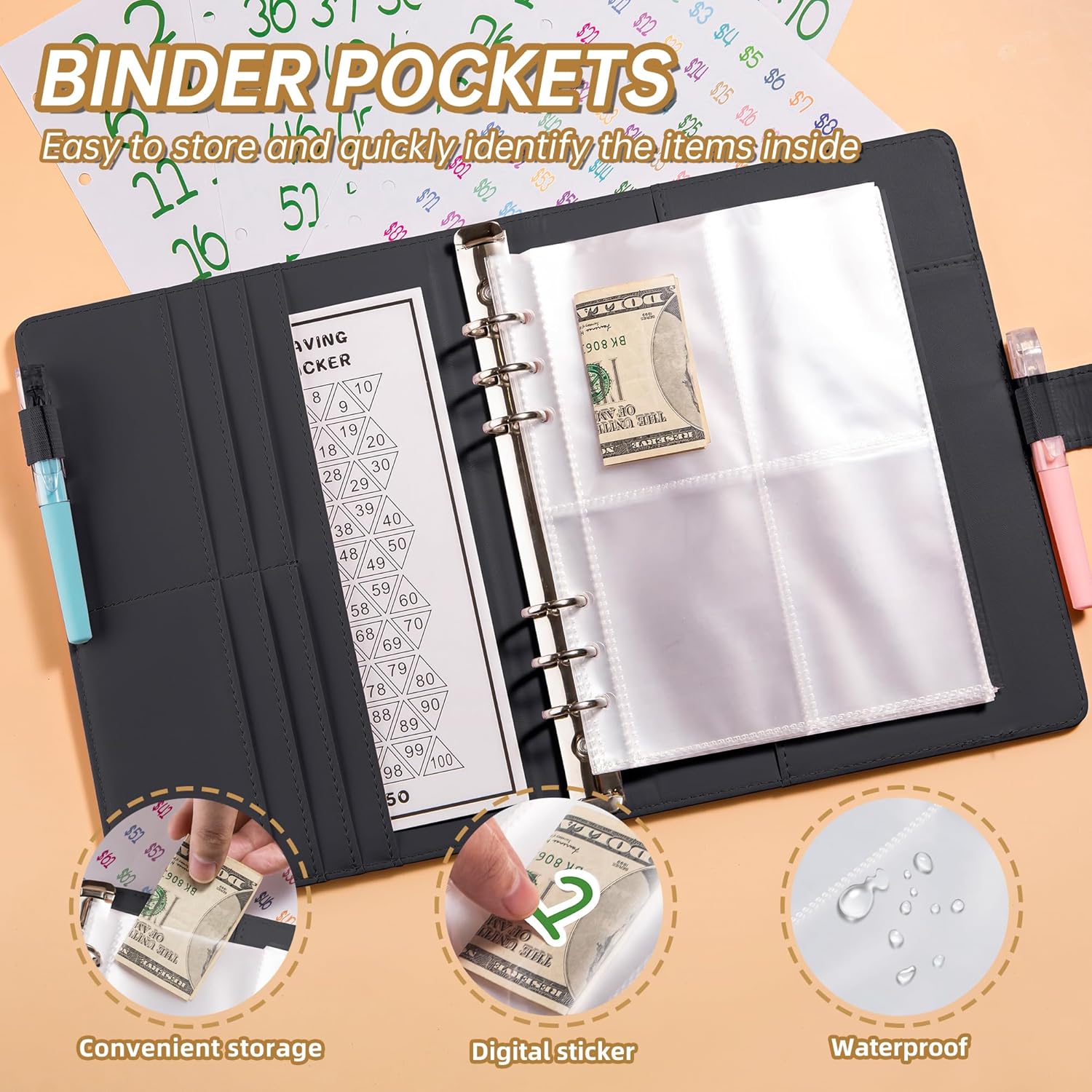 Libro de desafíos de ahorro de dinero con 100 sobres, carpeta de presupuesto A5 con 100 bolsillos, calcomanías de números y una hoja de seguimiento,