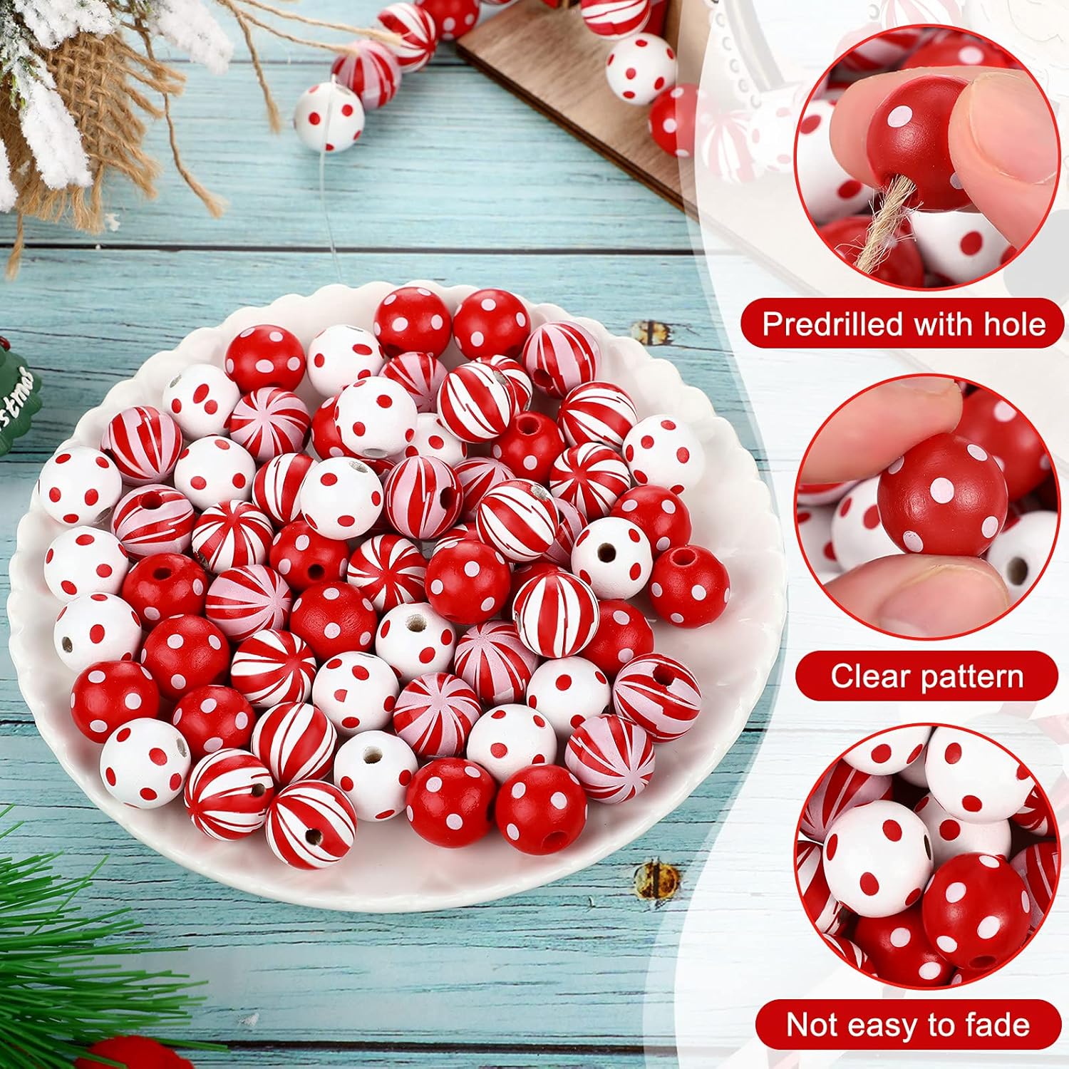 100 cuentas de madera de caña de caramelo de 0.63 pulgadas de Navidad punteadas de madera de rayas coloridas redondas espaciadoras perlas naturales