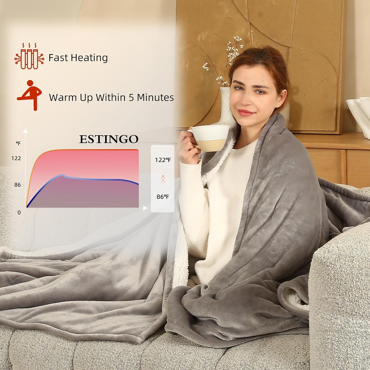 Manta eléctrica tamaño individual  Manta térmica individual de 62 x 84 pulgadas con 5 niveles de calefacción, manta térmica con protección contra