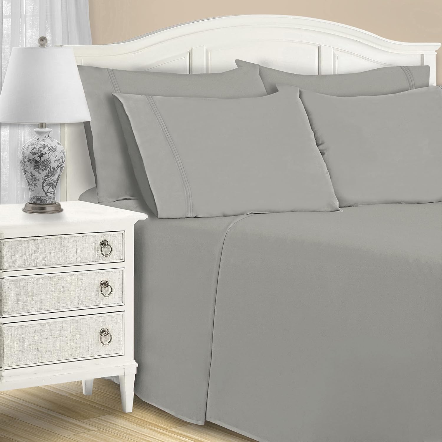 Superior Juego de sábanas de mezcla de algodón, elegante ropa de cama, juego de 6 piezas que incluye 1 sábana bajera elástica con bolsillos