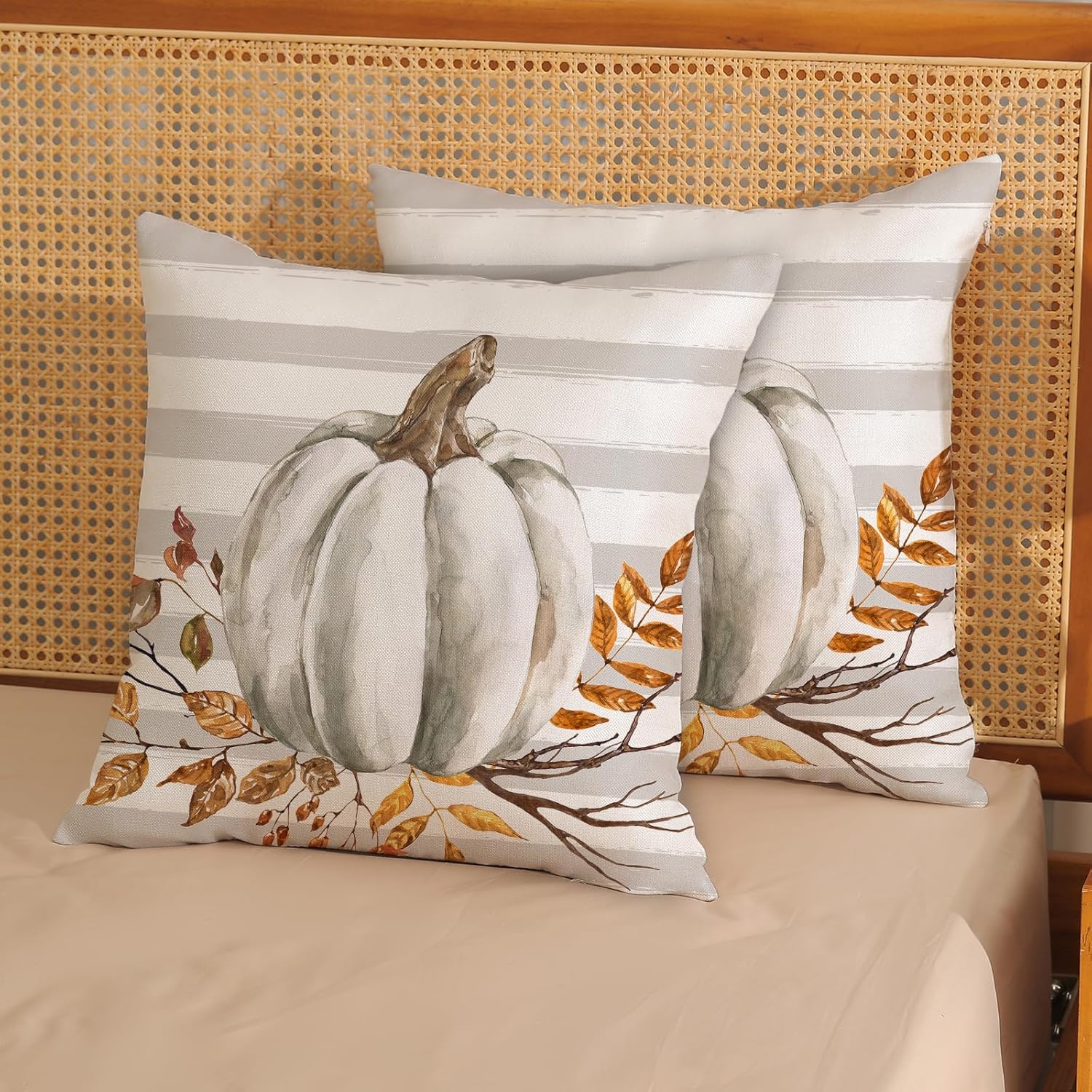 Juego de 2 fundas de almohada de otoño de 16 x 16 pulgadas, diseño de calabaza a rayas grises para sofá, hojas de arce, cosecha de otoño, interiores