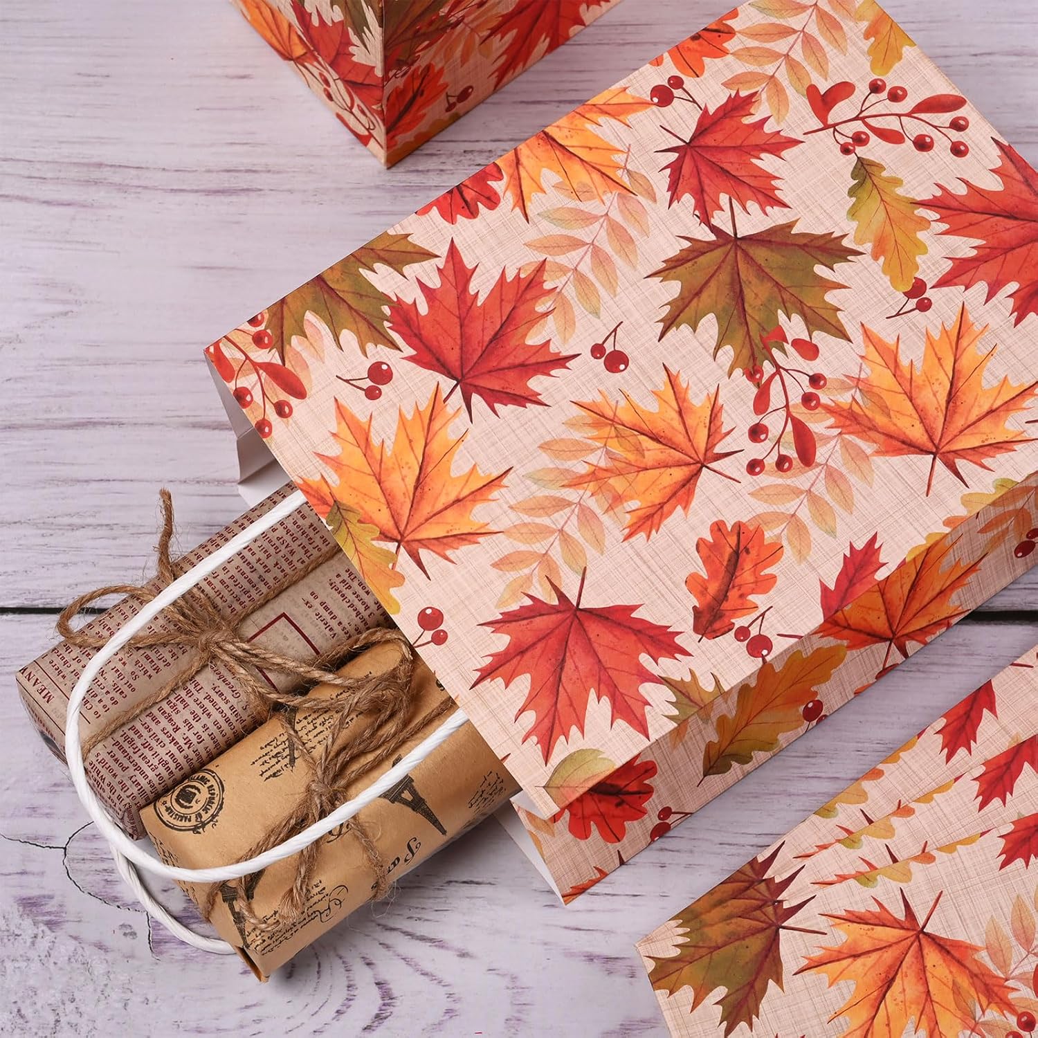 16 bolsas de fiesta de hojas de otoño, bolsas de regalo de otoño, bolsas de papel, elementos de diseño, bolsas de regalo con asas para fiestas de
