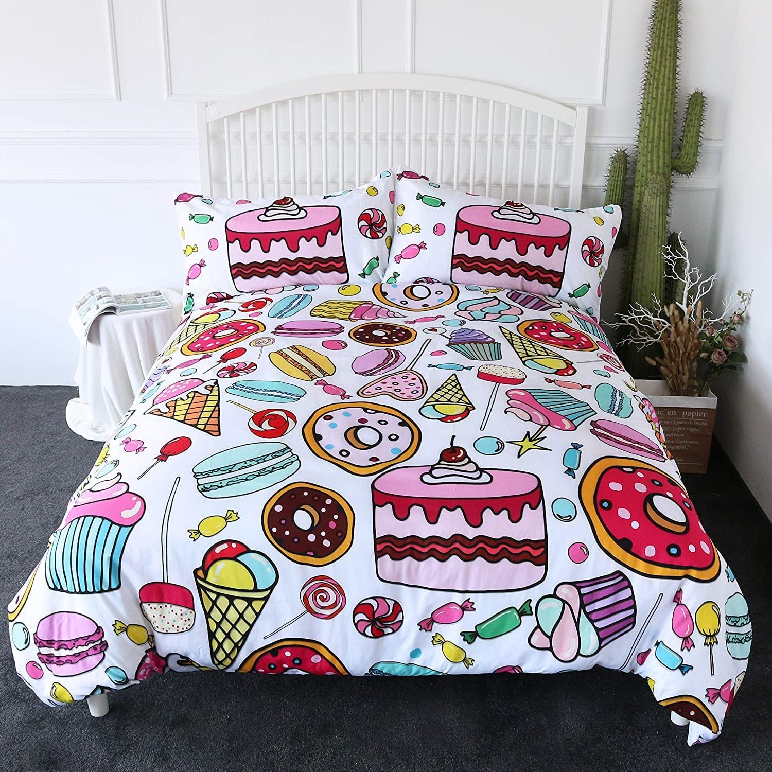Sweet Treats – Juego de ropa de cama femenina de 3 piezas con diseño de cupcakes, helado, caramelo, juego de funda de edredón de postre arcoíris