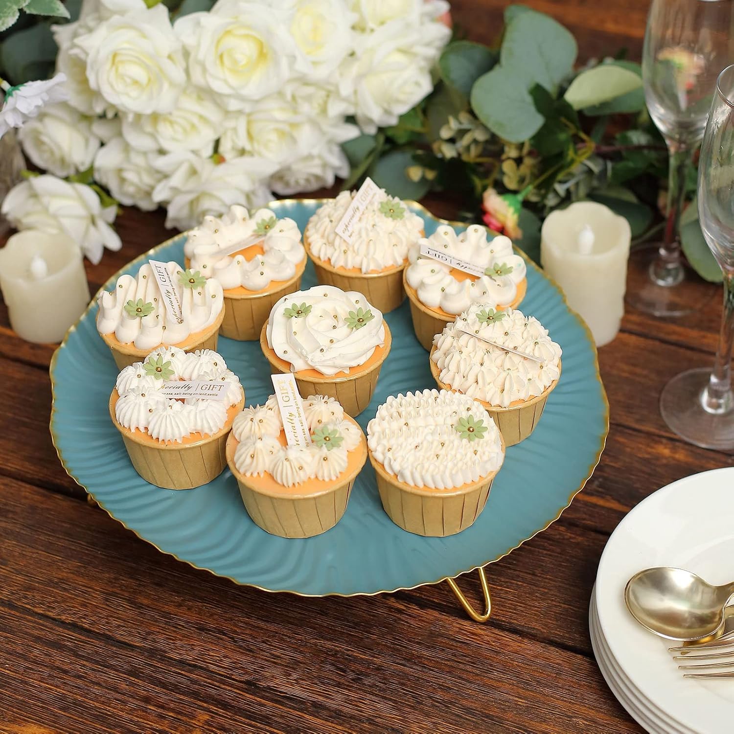 Efavormart – Bandeja de metal para servir postres de 12 pulgadas, color azul polvoriento, con patas onduladas, pedestal para tartas de boda,