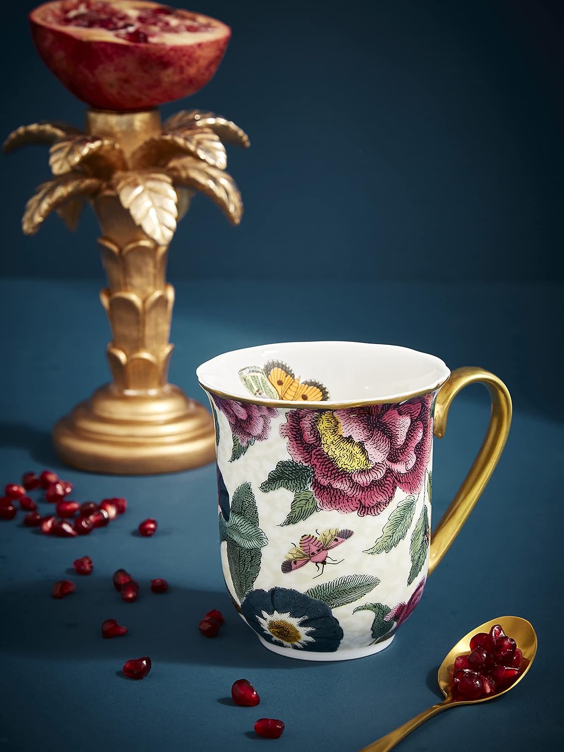 Spode Creatures of Curiosity Collection – Taza de café floral crema, 12 onzas, borde dorado y asa, hecha de porcelana fina, tazas para café, taza de