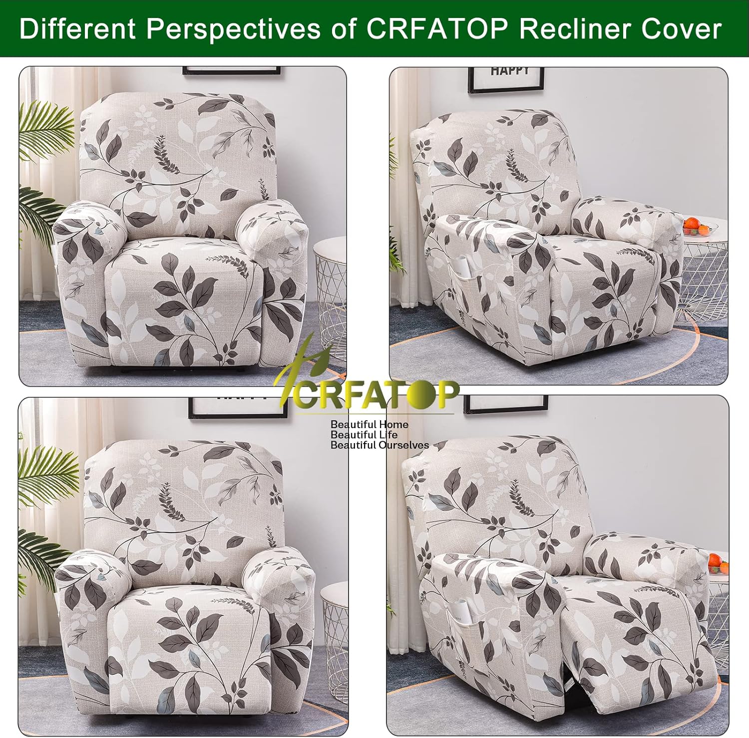 CRFATOP Funda reclinable con estampado floral y bolsillos, funda reclinable individual de 4 piezas para sillón reclinable Lazy Boy con parte