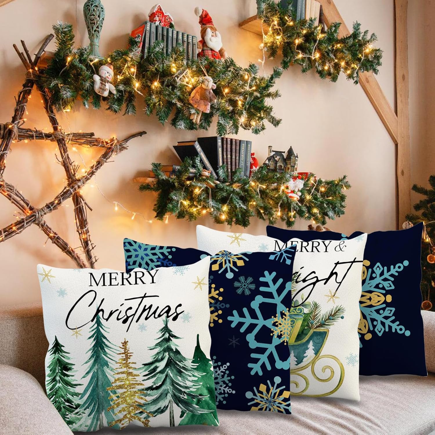 APROPHIC Juego de 4 fundas de almohada de árbol de Navidad de 18 x 18 pulgadas, decoración del hogar, Navidad, eucalipto, camión, copos de nieve
