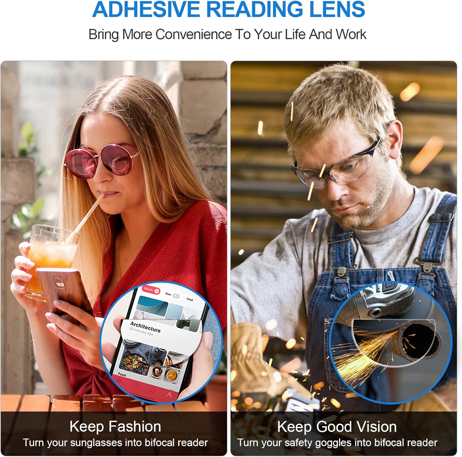OKH 2 Pack Stick-on Bifocal Lenses, Convert Sunglasses, Goggles, or Glasses into Magnified Readers, Reusable, No Water Needed