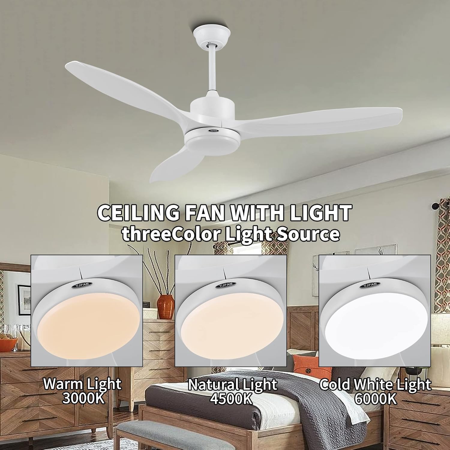 YJFAN Ventiladores de techo de 56 pulgadas con luces, ventilador de techo blanco moderno con control remoto, motor CC silencioso reversible, luz de