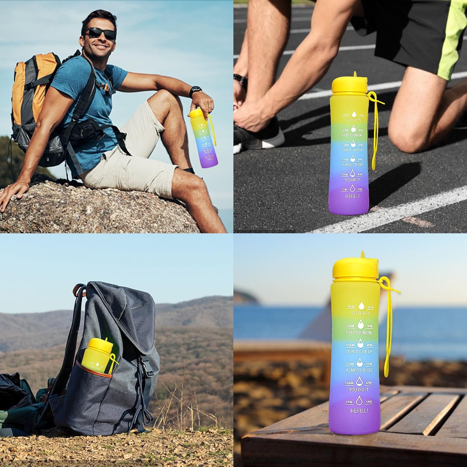 Botella de agua plegable con marcador de tiempo, botella de agua deportiva de 20 onzas, grande, a prueba de fugas, reutilizable, sin BPA, botellas