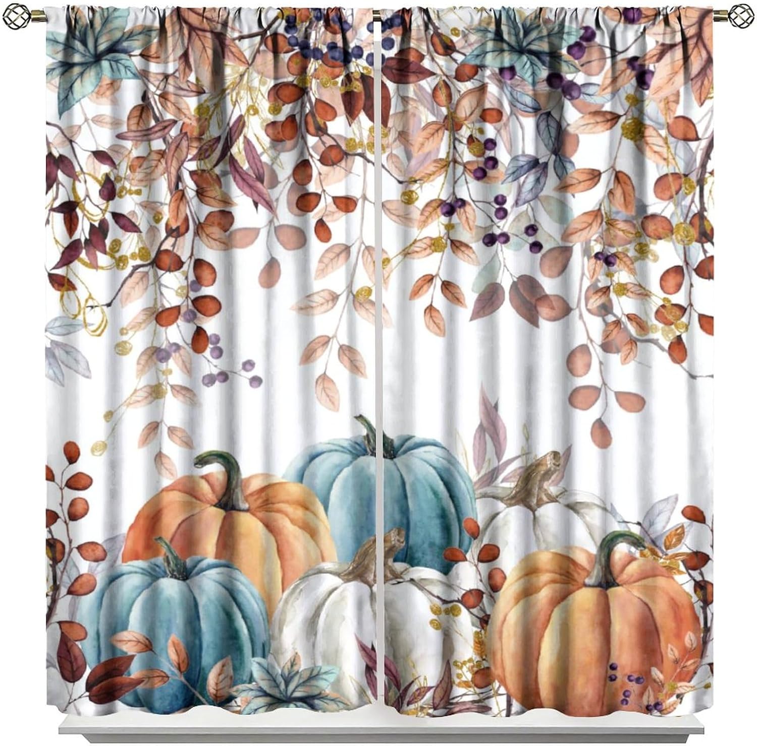 Cortinas de cocina de calabaza otoñal, rústicas, de otoño, hojas de acuarela, impresiones artísticas opacas con bolsillo para barra, cortinas de