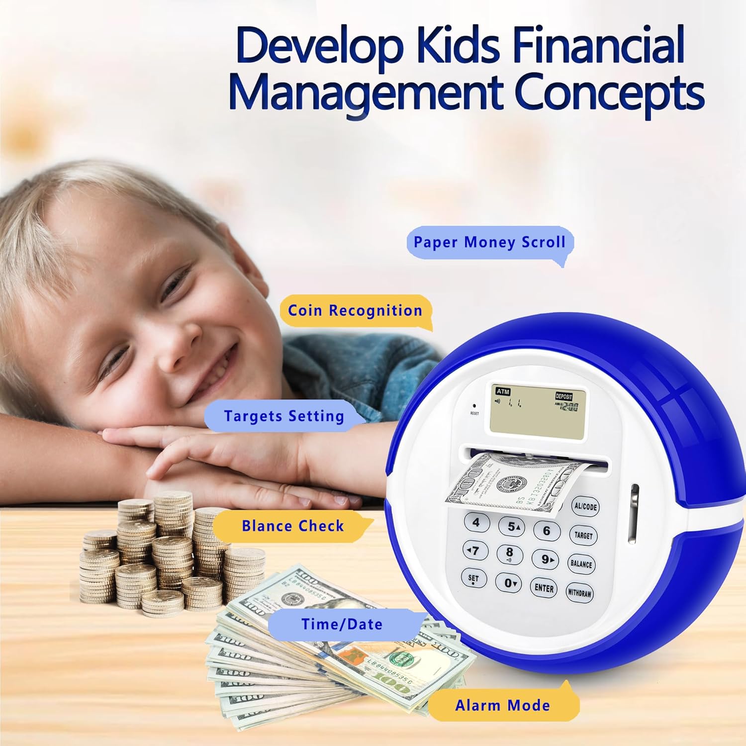 Alcancía de cajero automático para dinero real para niños, banco de ahorro de dinero con contraseña, reconocimiento de monedas, alimentador de