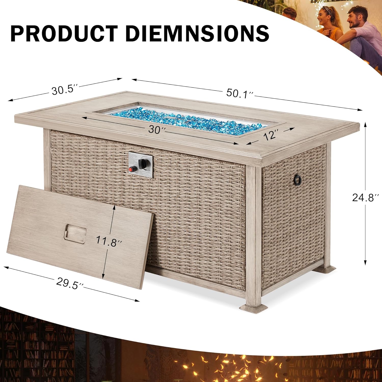 Homrest Mesa de fuego de propano de 50 pulgadas de largo, mesa de fuego de gas de encendido automático de 50,000 BTU con ganchos laterales ocultos,