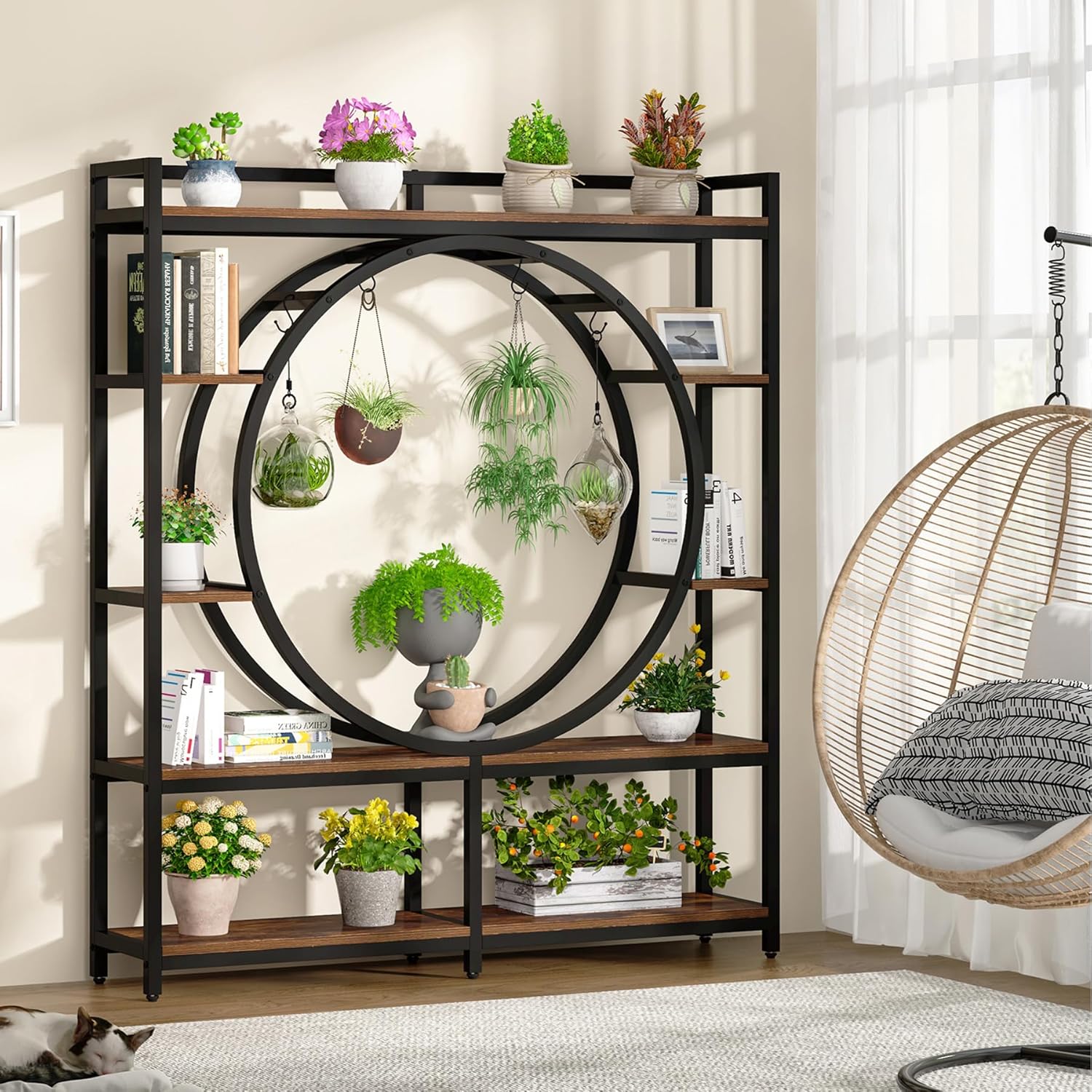 Tribesigns Soporte alto para plantas de 5 niveles para interiores, soporte de metal grande de 59 pulgadas de ancho con 4 ganchos para colgar,