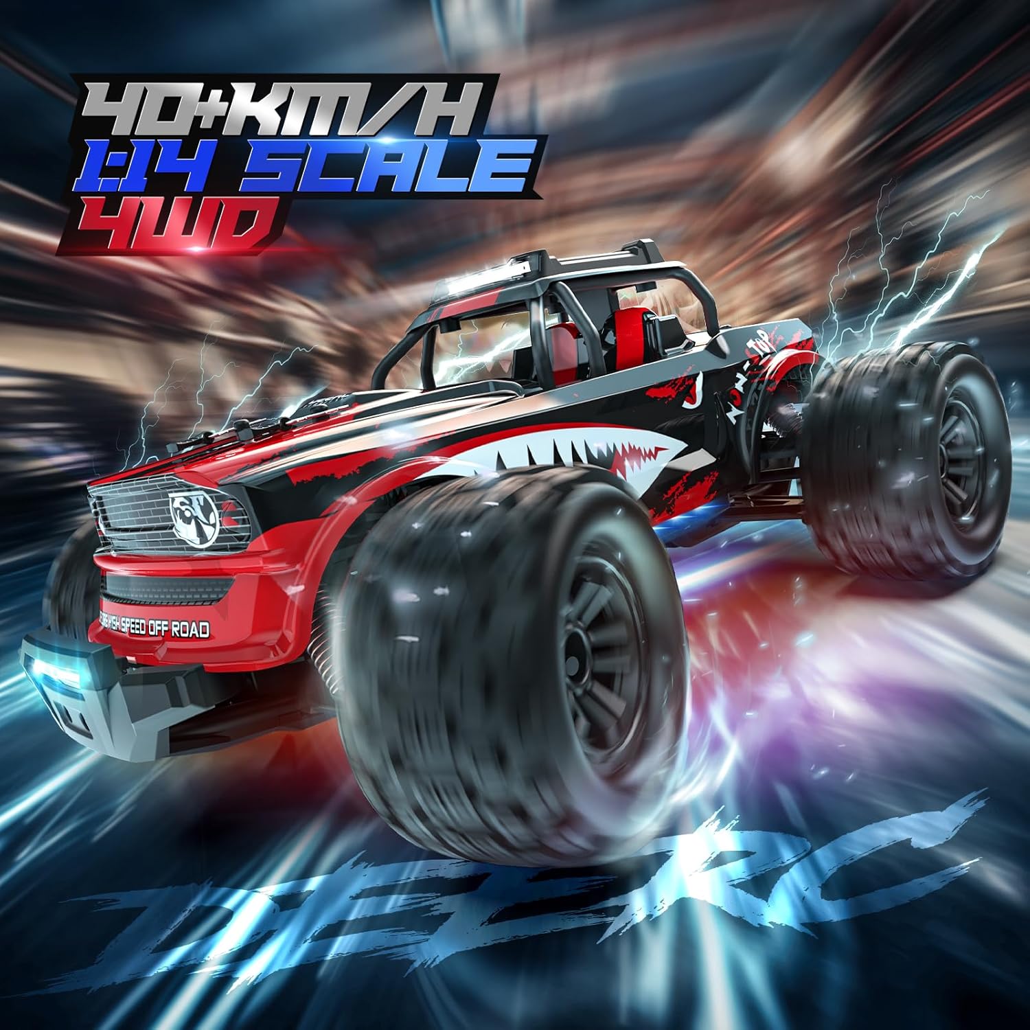 DEERC Autos RC rápidos 114 con luces LED coloridas, auto de control remoto de tiburón de alta velocidad de 40 KMH, 4 x 4 RTR todo terreno,