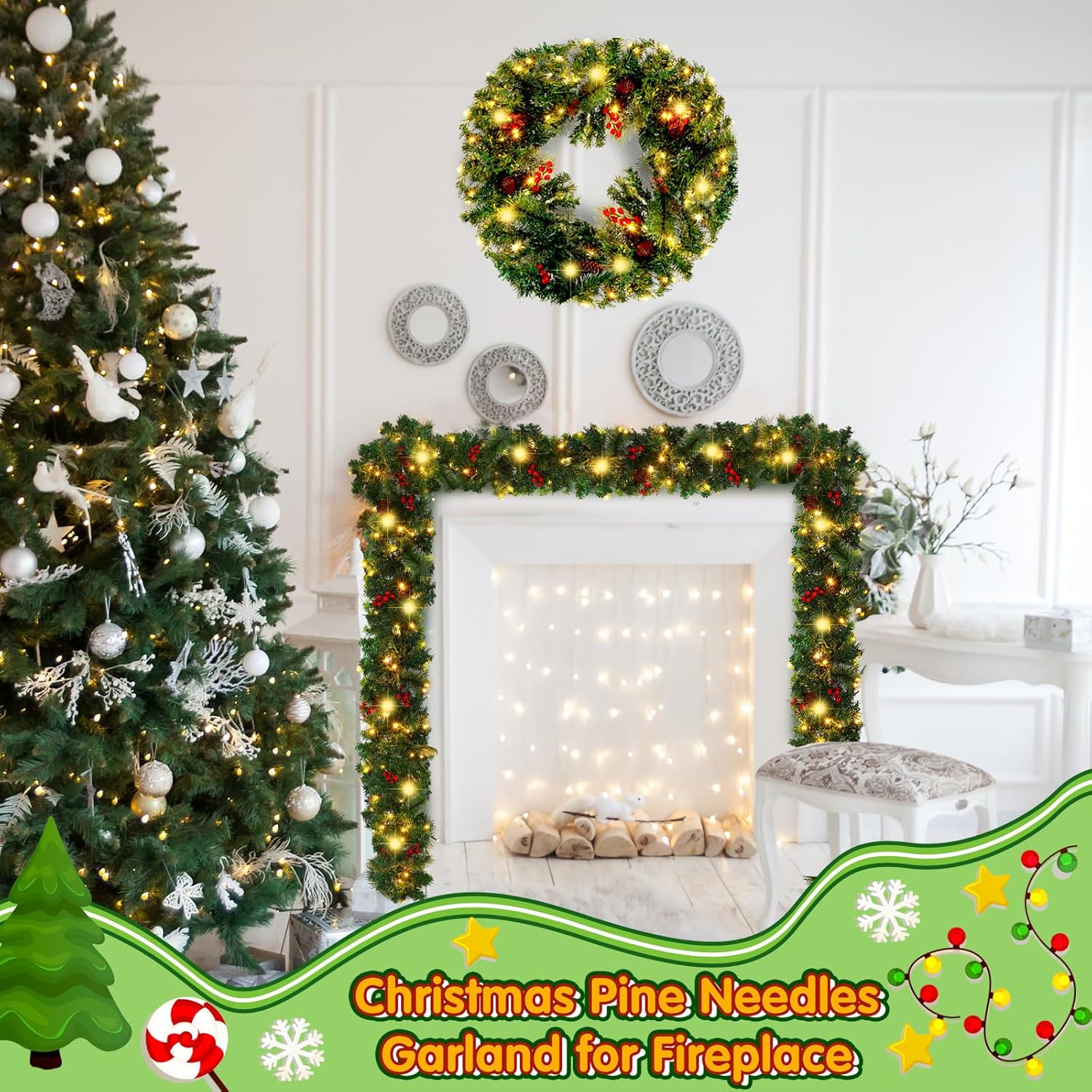 Guirnalda de Navidad artificial preiluminada de 8.86 pies, guirnalda de Navidad iluminada con conos de pino, guirnalda de 100 luces LED, guirnalda