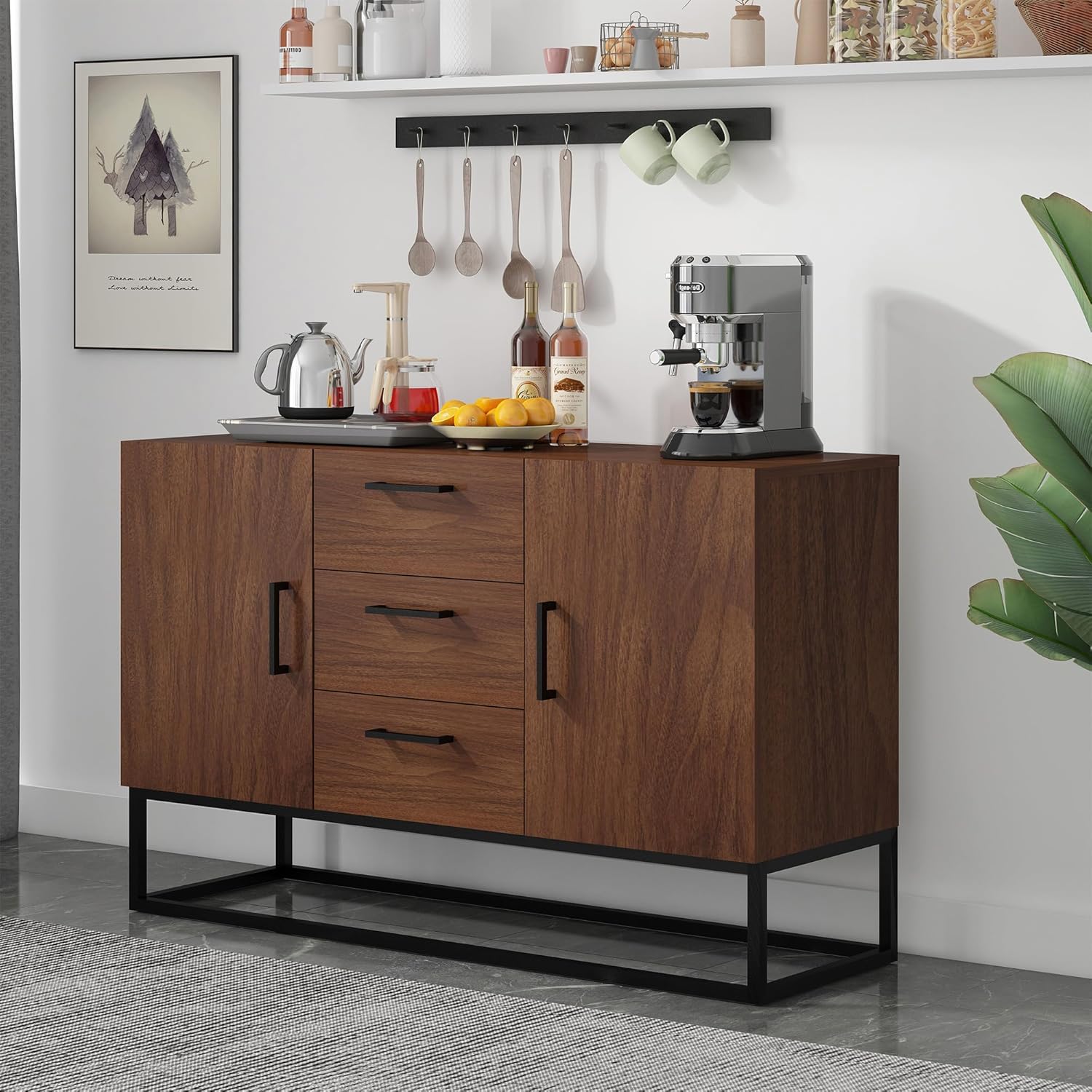 Bonzy Home Aparador buffet con 3 cajones y 2 puertas y estantes ajustables de 47 pulgadas, moderno gabinete de barra de café para sala de estar,