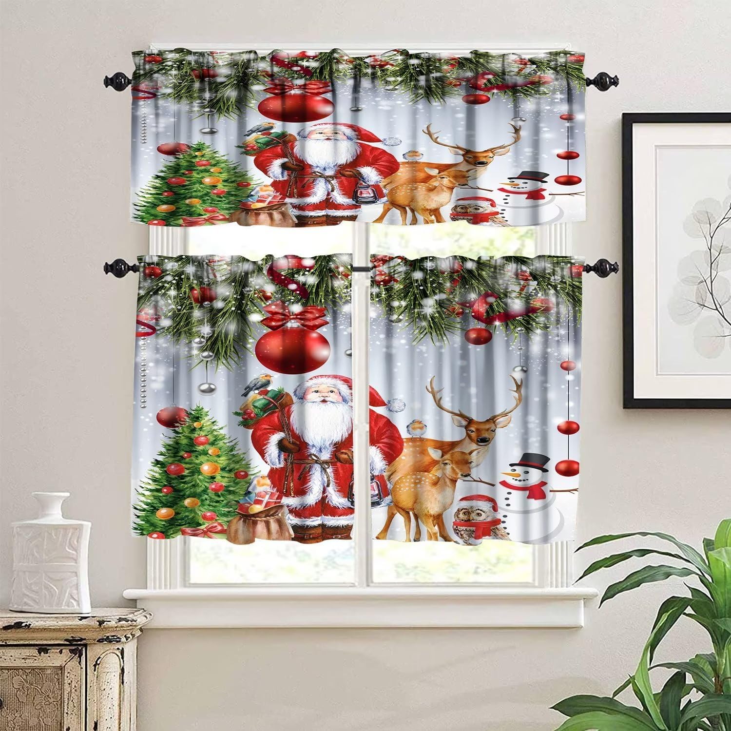 Cortinas de cocina de 3 piezas con diseño de Papá Noel, muñeco de nieve, árbol de Navidad, copo de nieve, invierno, vacaciones, feliz año nuevo,
