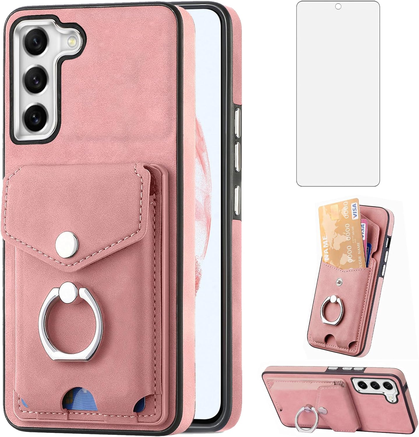 Asuwish Funda tipo cartera compatible con Samsung Galaxy S21 FE 5G y protector de pantalla de vidrio templado, soporte para tarjetas, soporte