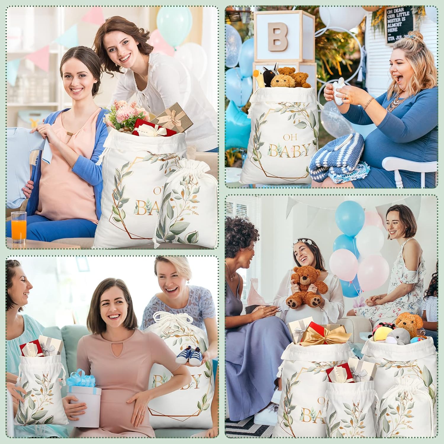 Tudomro 4 bolsas de regalo grandes con cordón para baby shower, bolsas de regalo de lona con estampado de vegetación, bolsas de regalo de