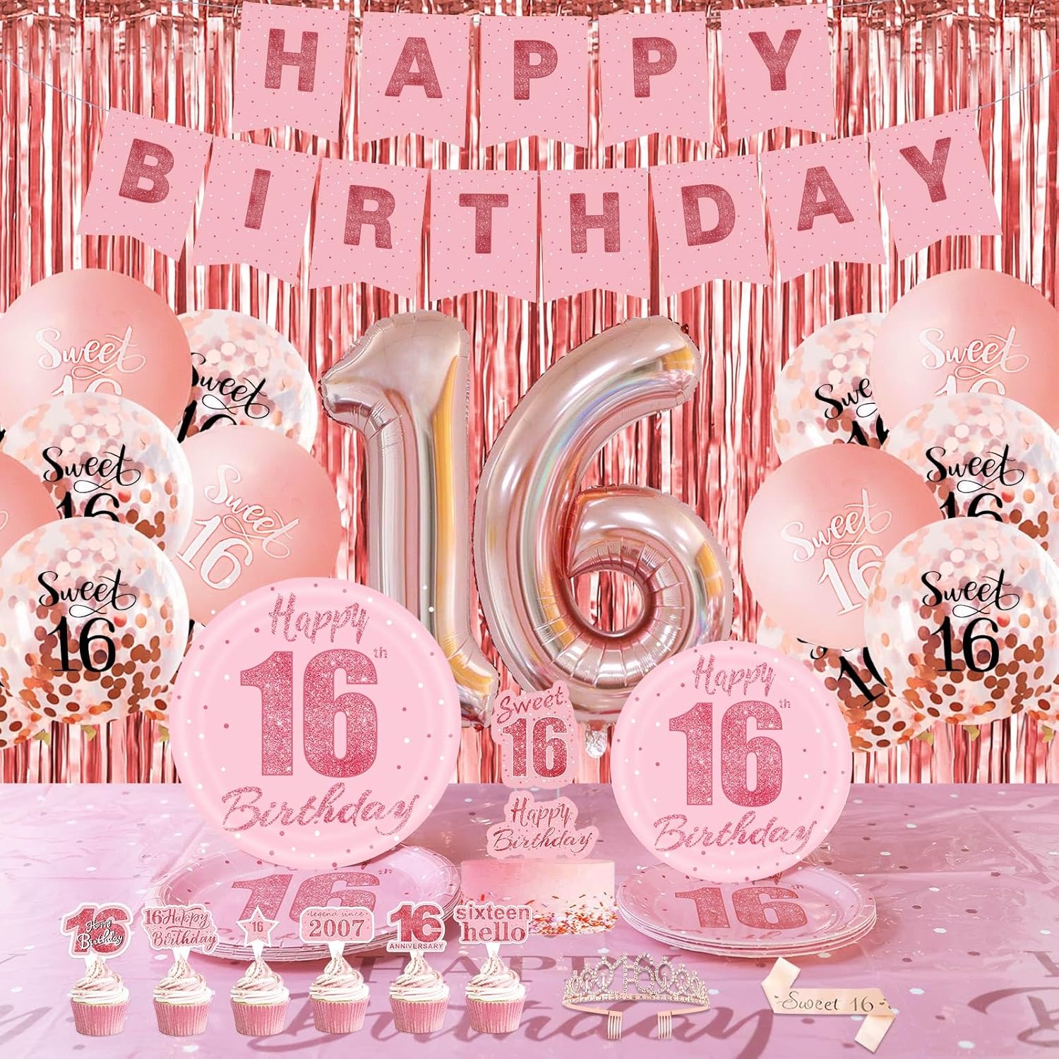 Decoraciones de fiesta de cumpleaños número 16, suministros de fiesta de oro rosa para niñas, cortinas de flecos de aluminio, platos, mantel,