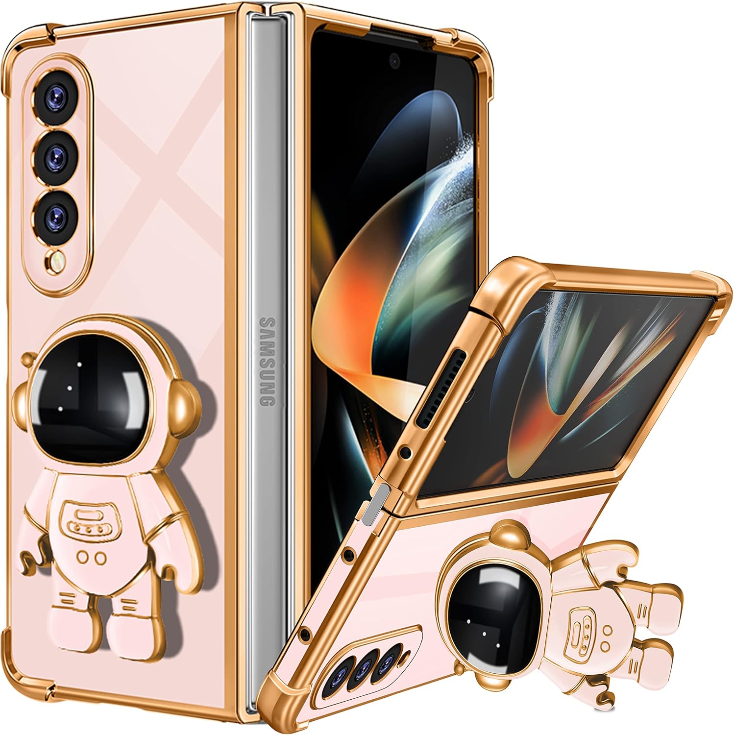 Coralogo Funda para Samsung Galaxy Z Fold 4, diseño de astronauta linda para mujeres y niñas, con soporte oculto de astronauta, diseño 6D para