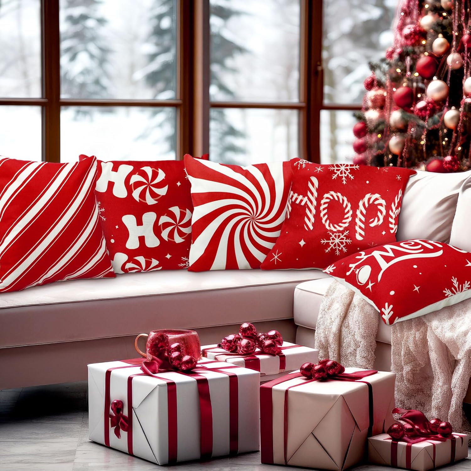 Buryeah Juego de 6 fundas de almohada de Navidad de 18 x 18 pulgadas, fundas de almohada decorativas de bastones de caramelo, fundas de almohada
