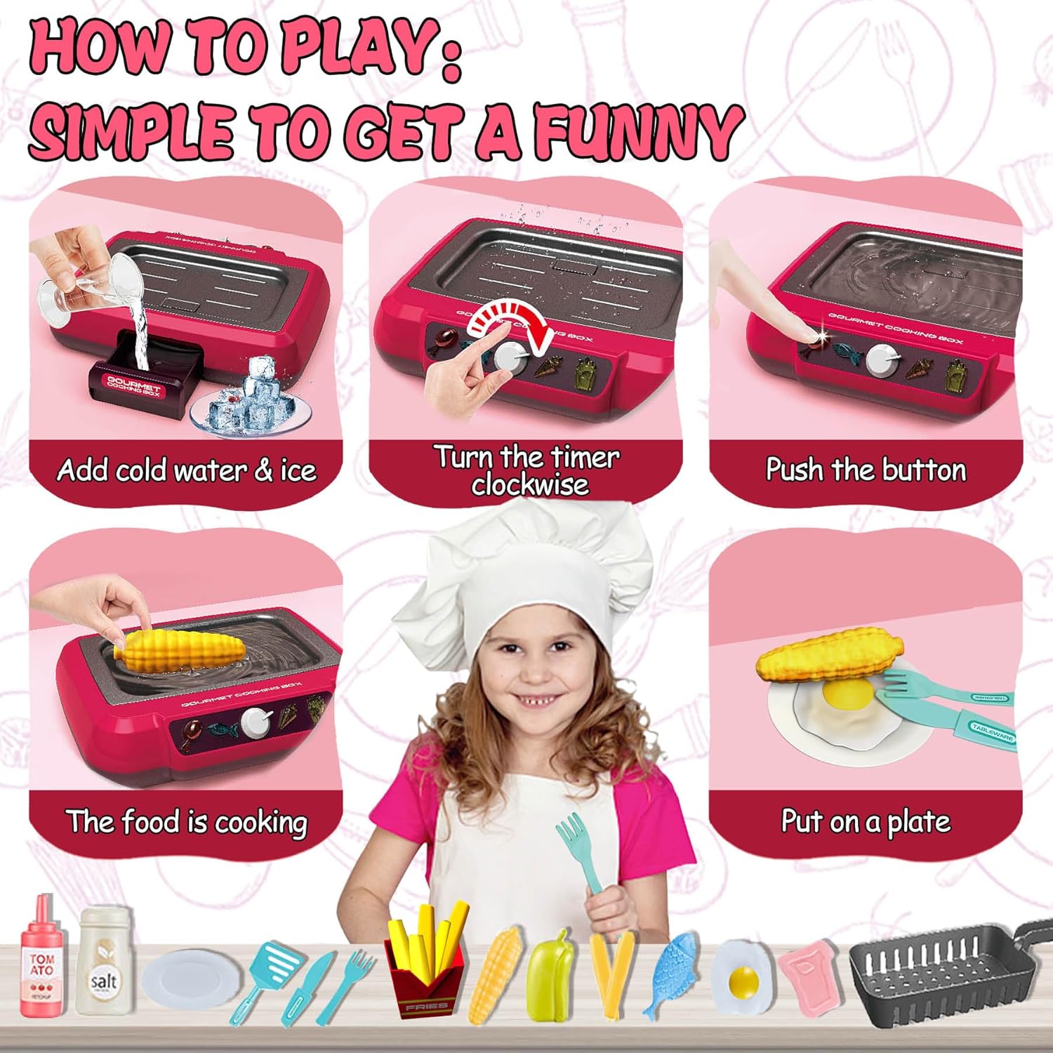 Juego de accesorios de cocina para niños, juego de cocina para niños pequeños, juego de cocina para acampar con comida que cambia de color, juego de