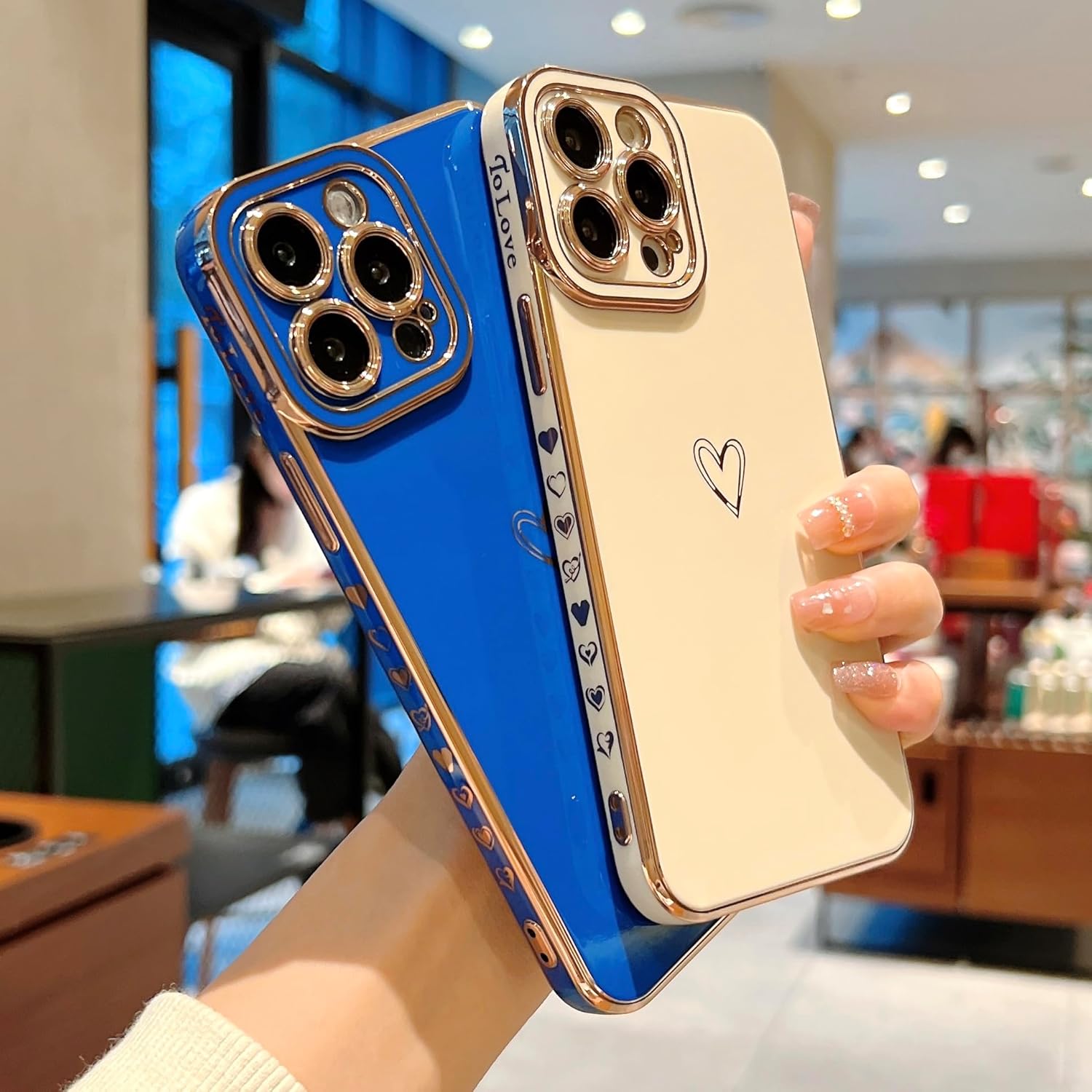 Funda compatible con iPhone 12 Pro Max para mujeres y niñas, estética, linda, de lujo, a la moda, diseño de corazón dorado, delgada de silicona, a