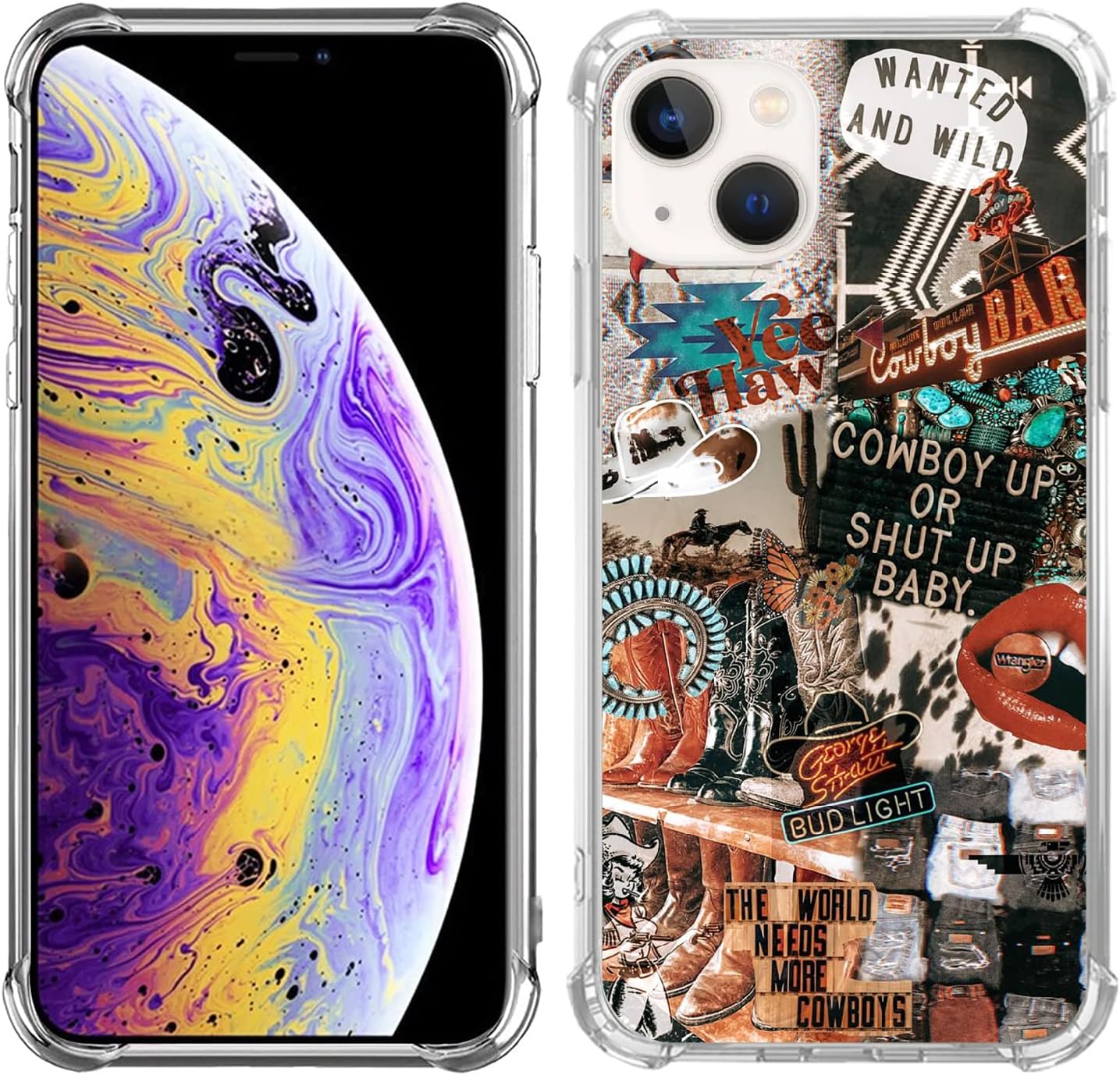 GialCenik Funda de collage de vaquera occidental para iPhone 15 Plus, funda de TPU con diseño único y moderno de poliuretano termoplástico