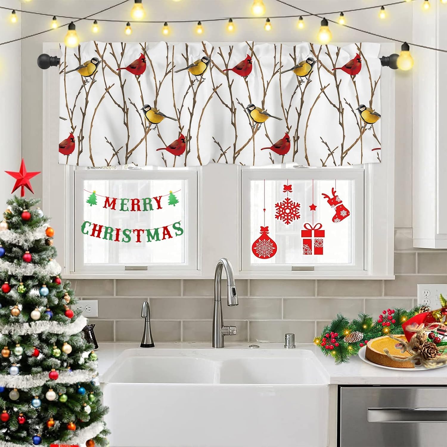 Cenefa de Navidad para ventanas, pájaros en un árbol, cortina de cocina, cenefas con bolsillo para barra, cortina de ventana de pájaro amarillo y