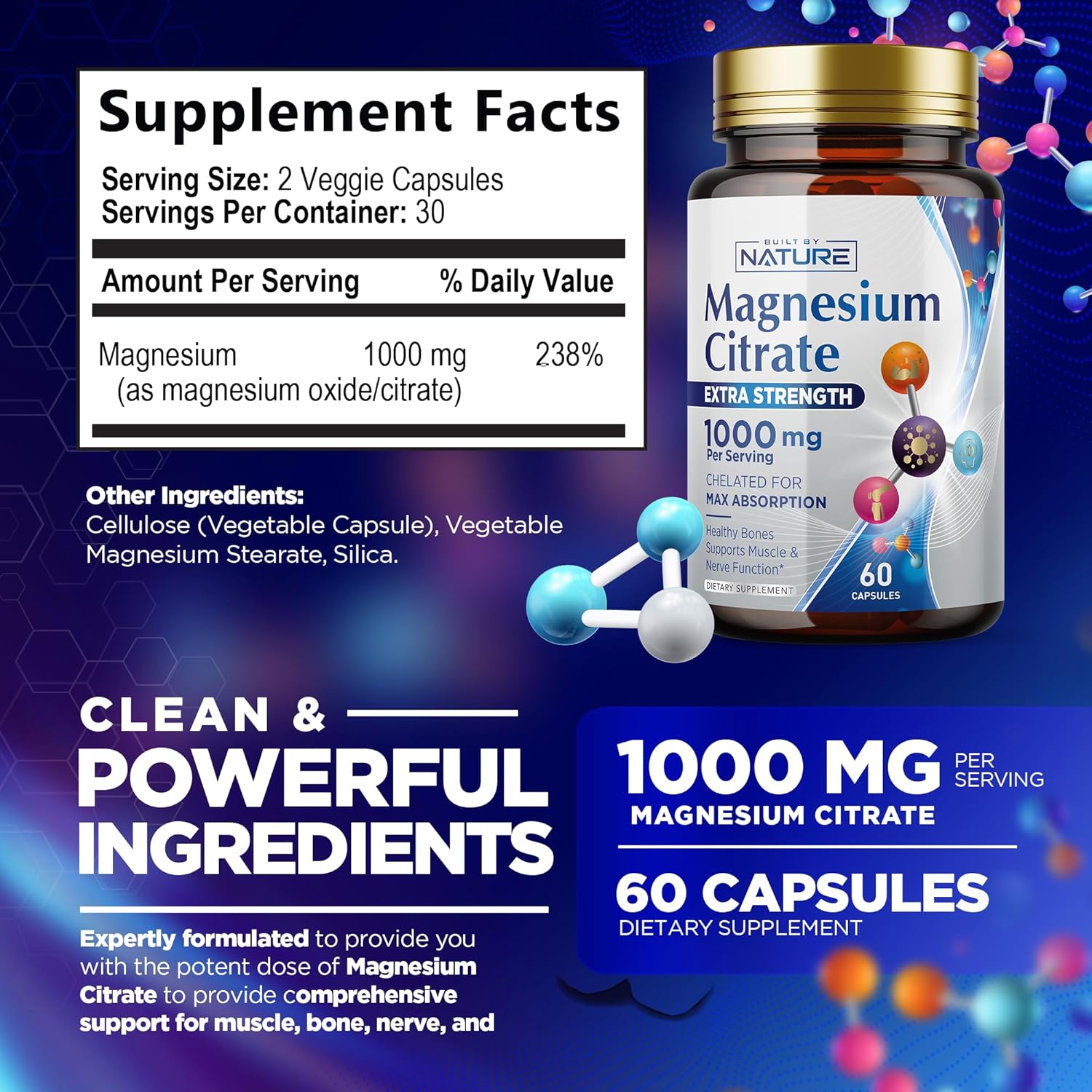 Citrato de magnesio 1000 mg  Máxima absorción y complejo de magnesio de alta potencia Suplemento para corazón, músculo, nervio, salud ósea y alivio