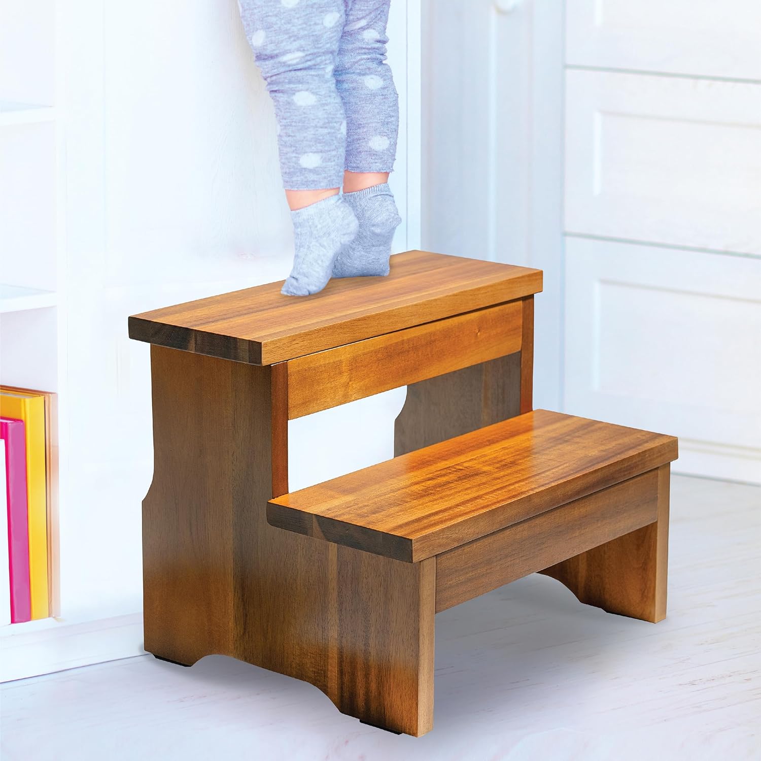 Taburete de madera de dos escalones, taburete resistente de 2 escalones para adultos y niños, soporta hasta 450 libras para Kichenbañomesita de