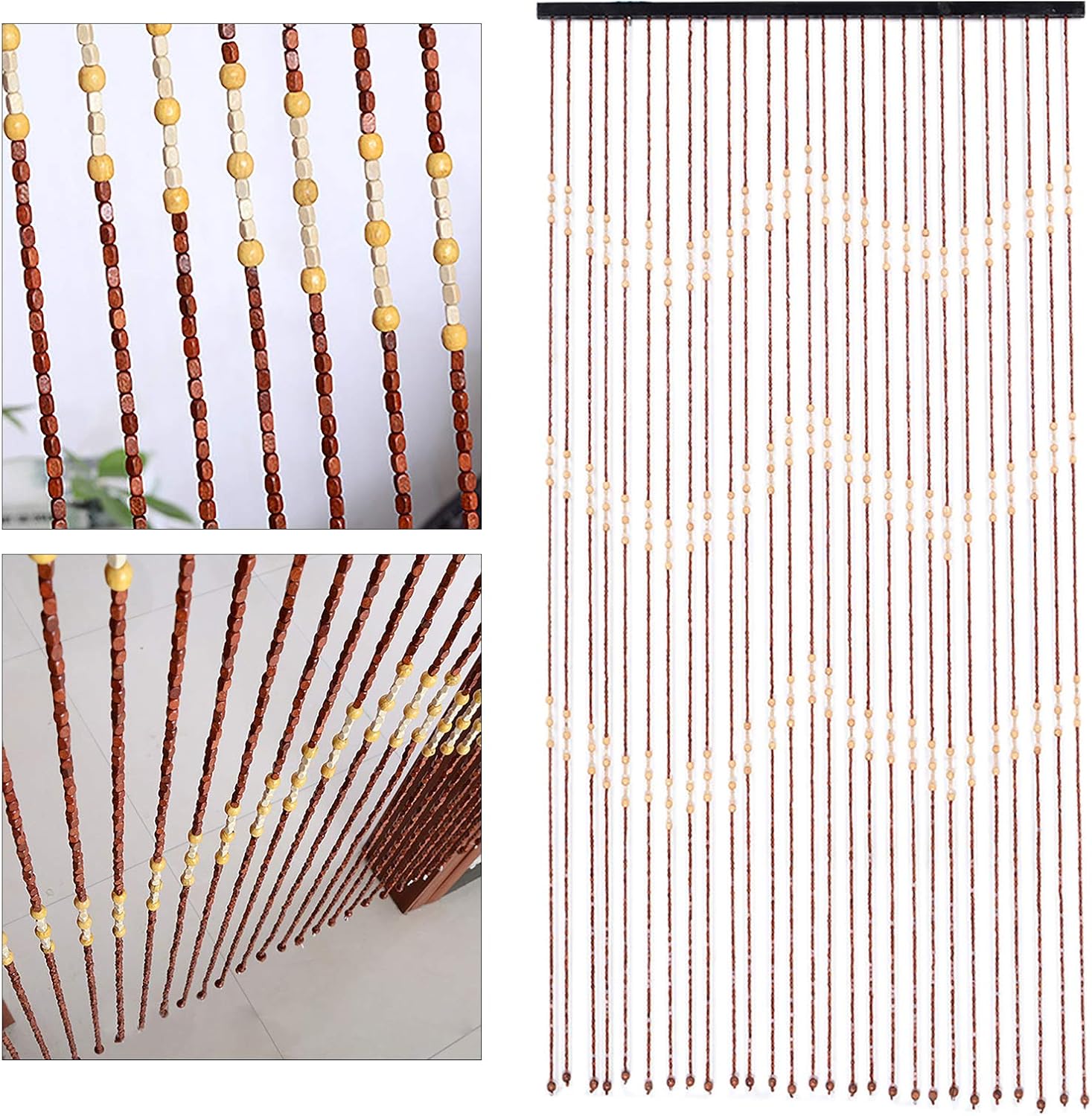 Eapmic Cortina de cuentas de madera y bambú, cortina de 27 líneas onduladas densas con flecos y borlas para puerta, cuentas de madera hechas a mano,