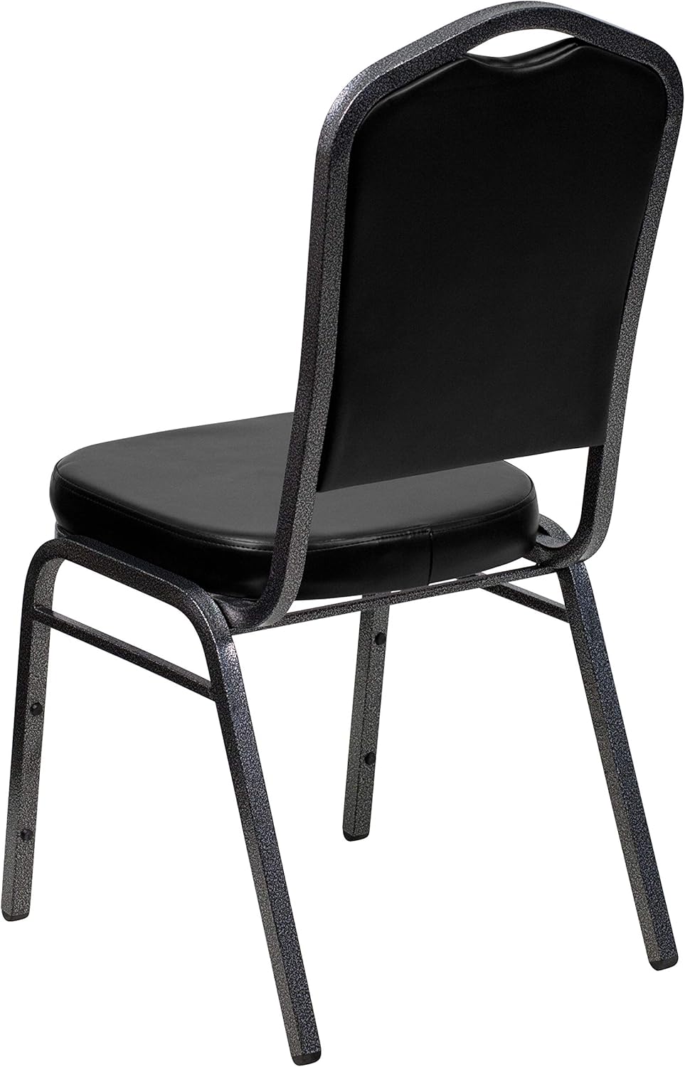 BizChair Paquete de 4 sillas apilables para banquetes con respaldo de corona en vinilo negro, marco de vena plateada