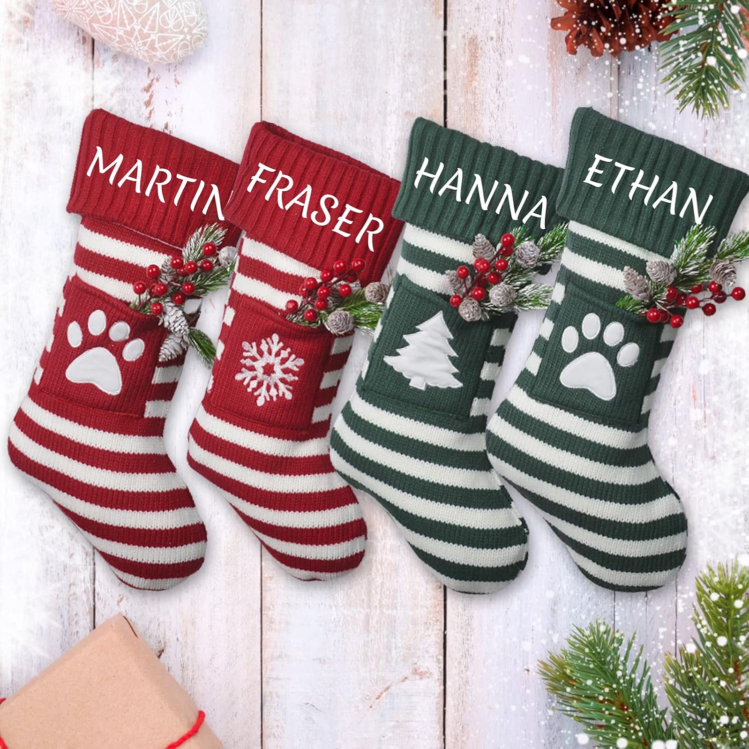 Calcetines de Navidad de punto personalizados con nombre, árbol de Navidad, copo de nieve, pata de copo de nieve, juego de medias de punto de aguja