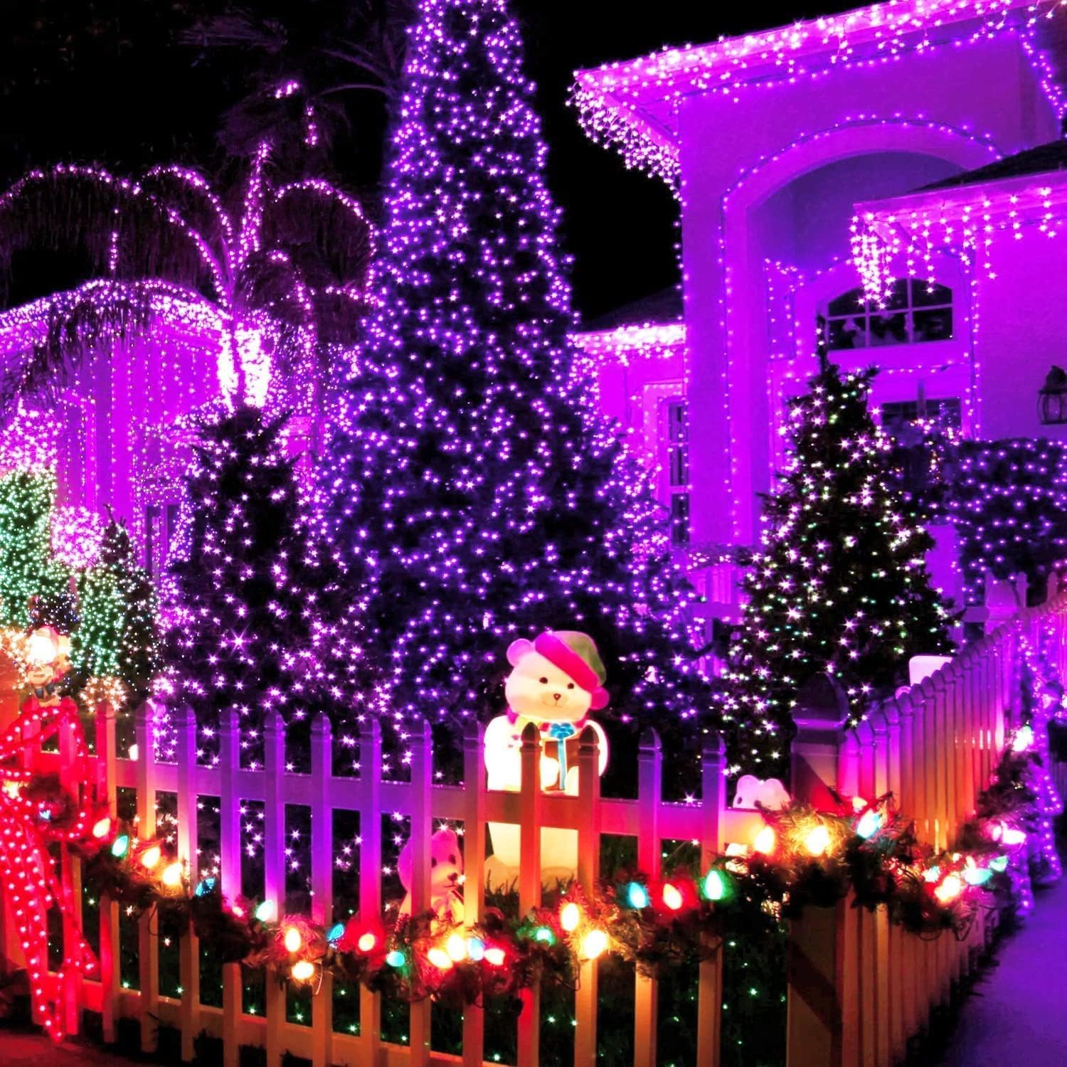 JMEXSUSS Paquete de 2 luces solares de Navidad moradas, 400 luces LED solares de 151 pies, impermeables, 8 modos, luces de Navidad moradas para