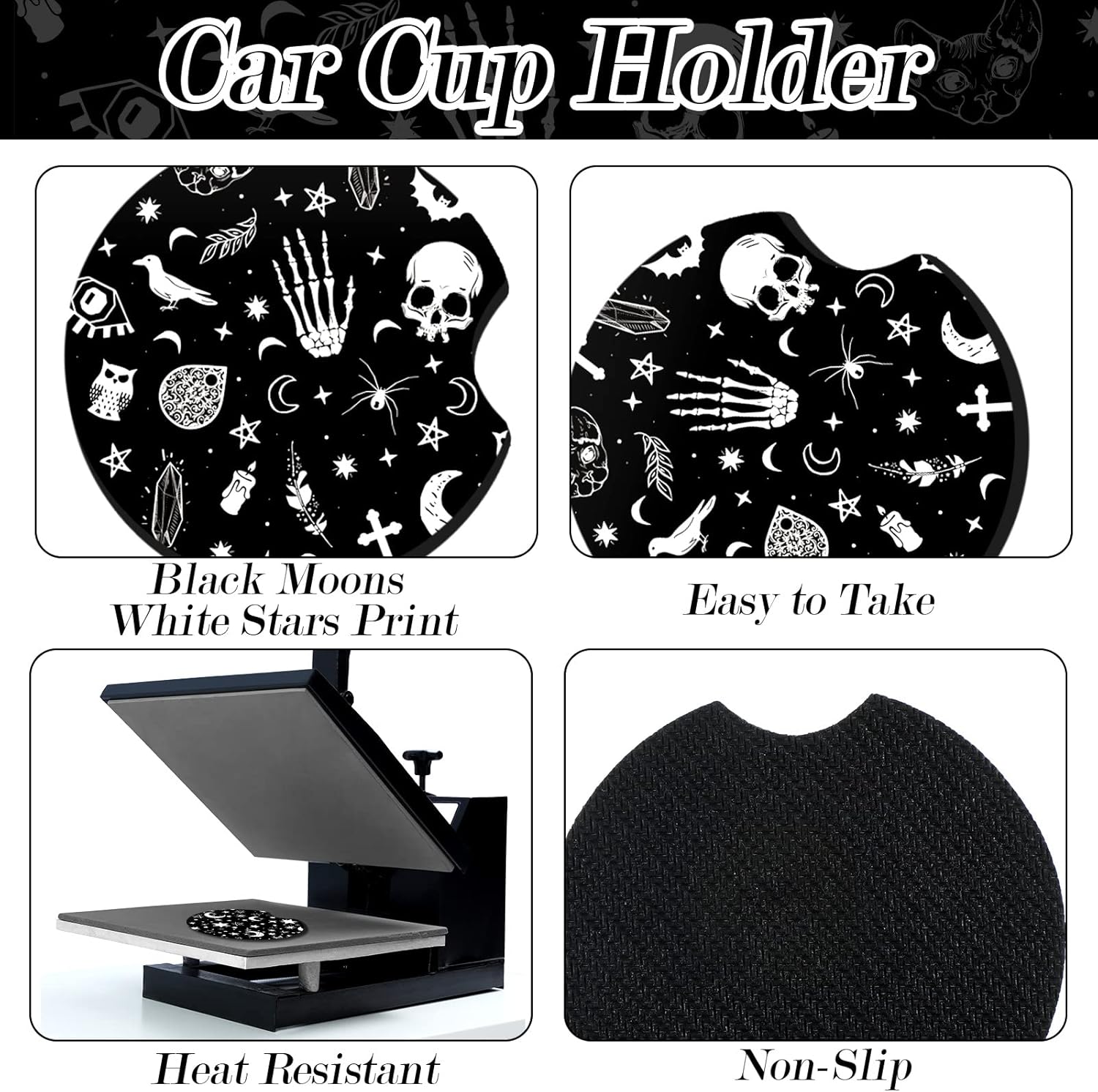 Juego de 4 accesorios para automóvil con estampado de lunas negras y estrellas blancas con 2 portavasos y llavero de cuero para camión SUV (patrón