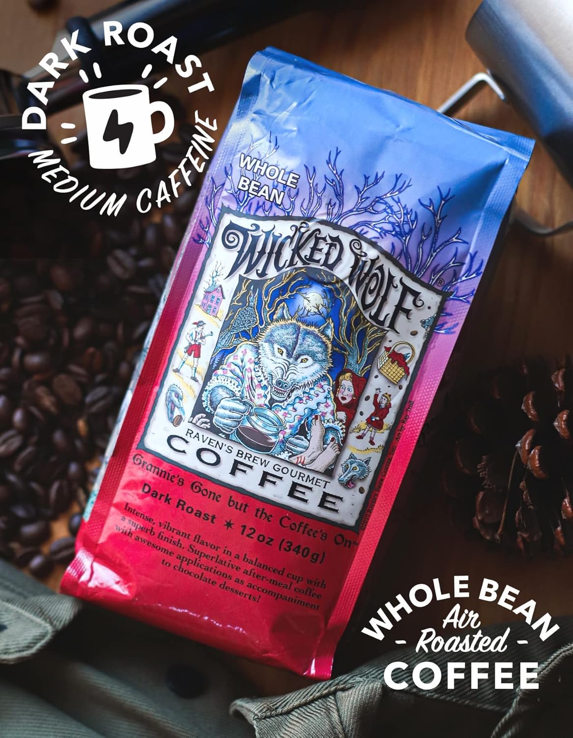 Raven’s Brew Coffee Café de cuerpo completo tostado oscuro en grano entero – Wicked Wolf, 12 onzas