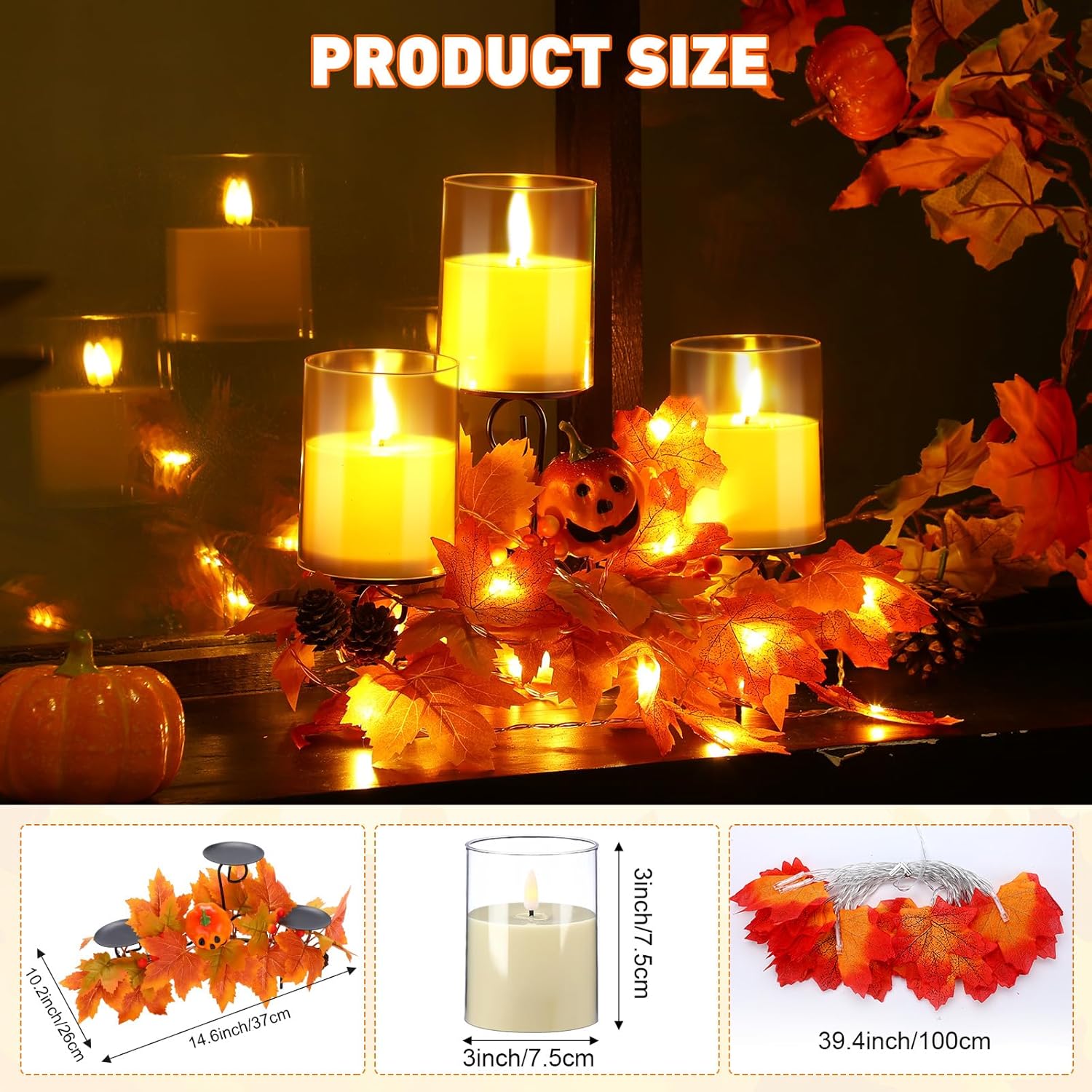 Mifoci Centros de mesa de Acción de Gracias con 3 portavelas de hojas de arce otoñales con 3 velas LED y 1 tira de luces para decoración del hogar