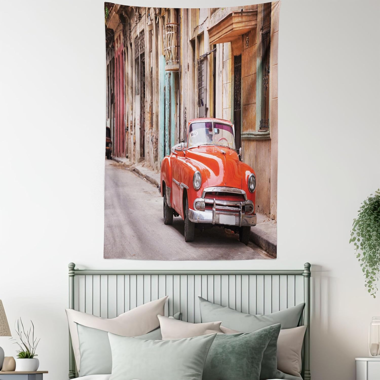 Ambesonne Tapiz de autos, auto americano clásico en una calle con casas Caribbean Havana Cuba, colgante de pared para dormitorio, sala de estar,