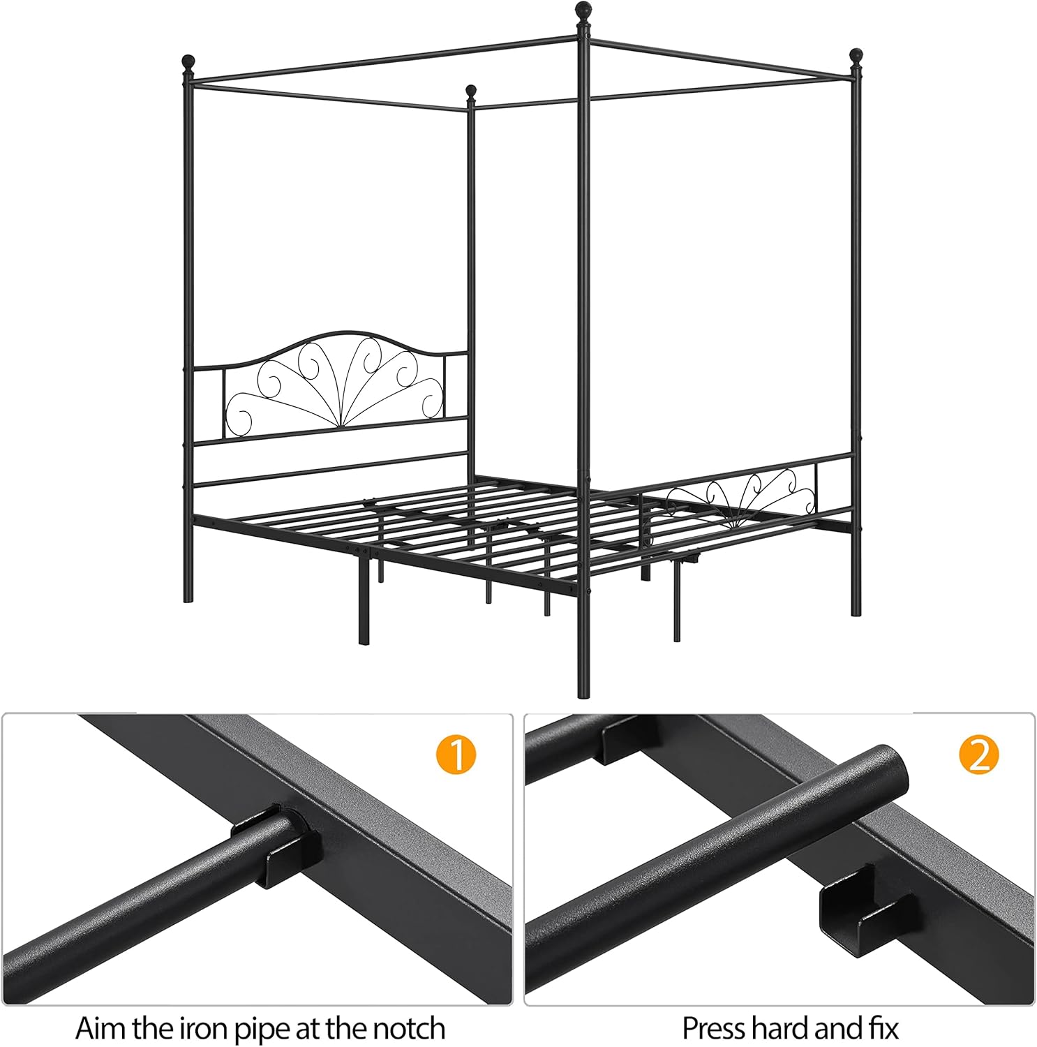 Topeakmart Base de colchón con plataforma metálica con dosel de cuatro pósteres con cabecera arqueada y estribo, listones sólidos, necesita somier,