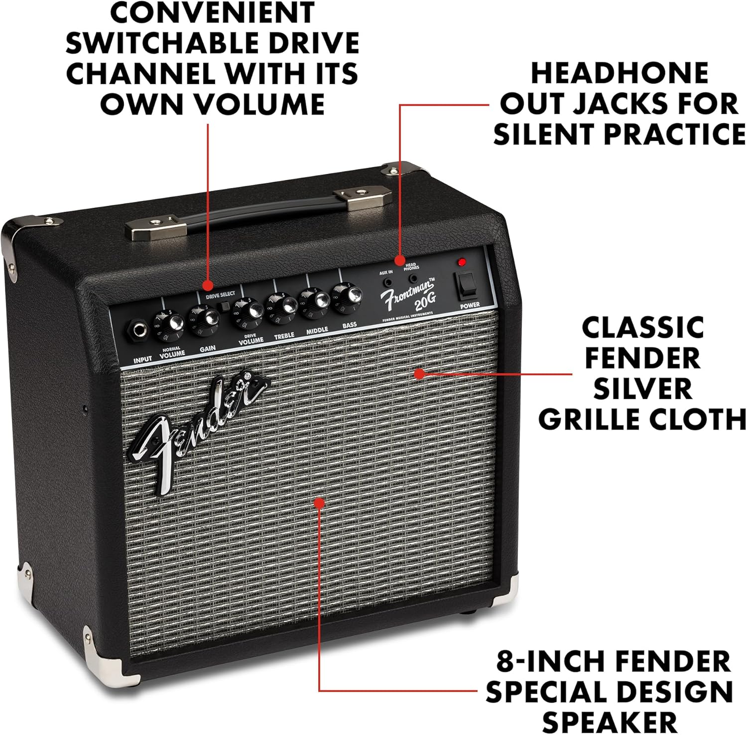 Fender Frontman – Amplificador de guitarra de 20 G, 10 vatios, con 2 años de garantía de 6 pulgadas, altavoz de diseño especial Fender de 10 x 16 x