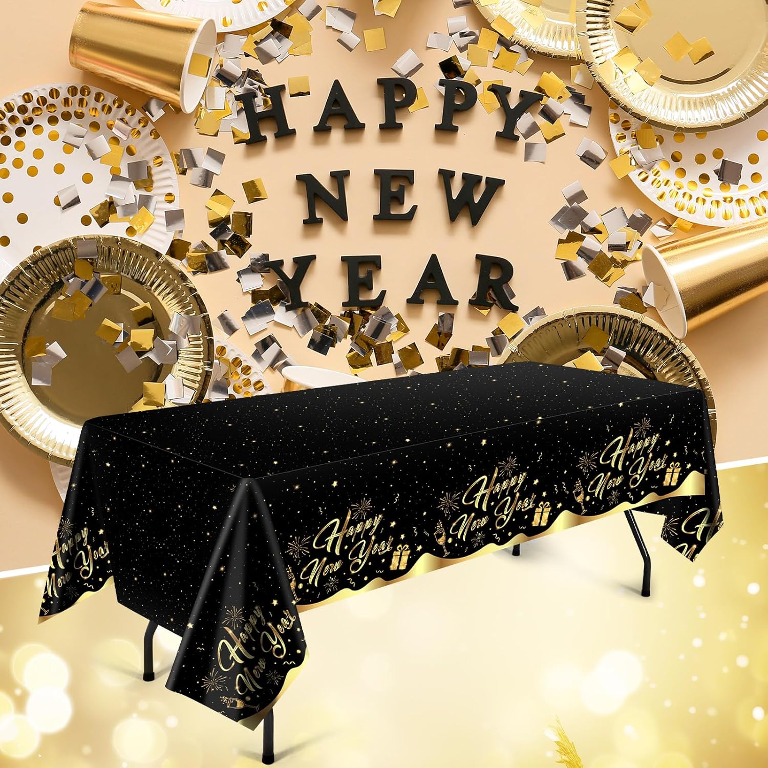 Yaomiao Juego de vajilla desechable de 146 piezas de feliz año nuevo 2024, suministros de fiesta de Año Nuevo, mantel desechable, taza de papel,