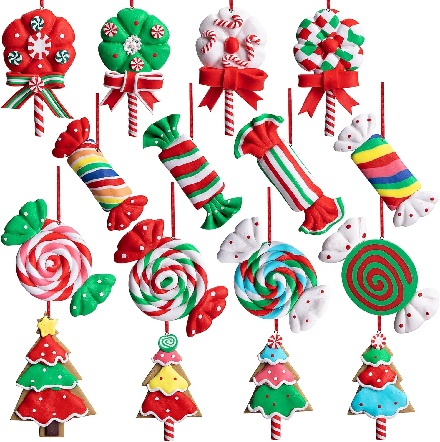 16 adornos de piruleta de Navidad, adornos colgantes de caramelo para árbol de Navidad, adornos de arcilla polimérica para decoración de fiesta de