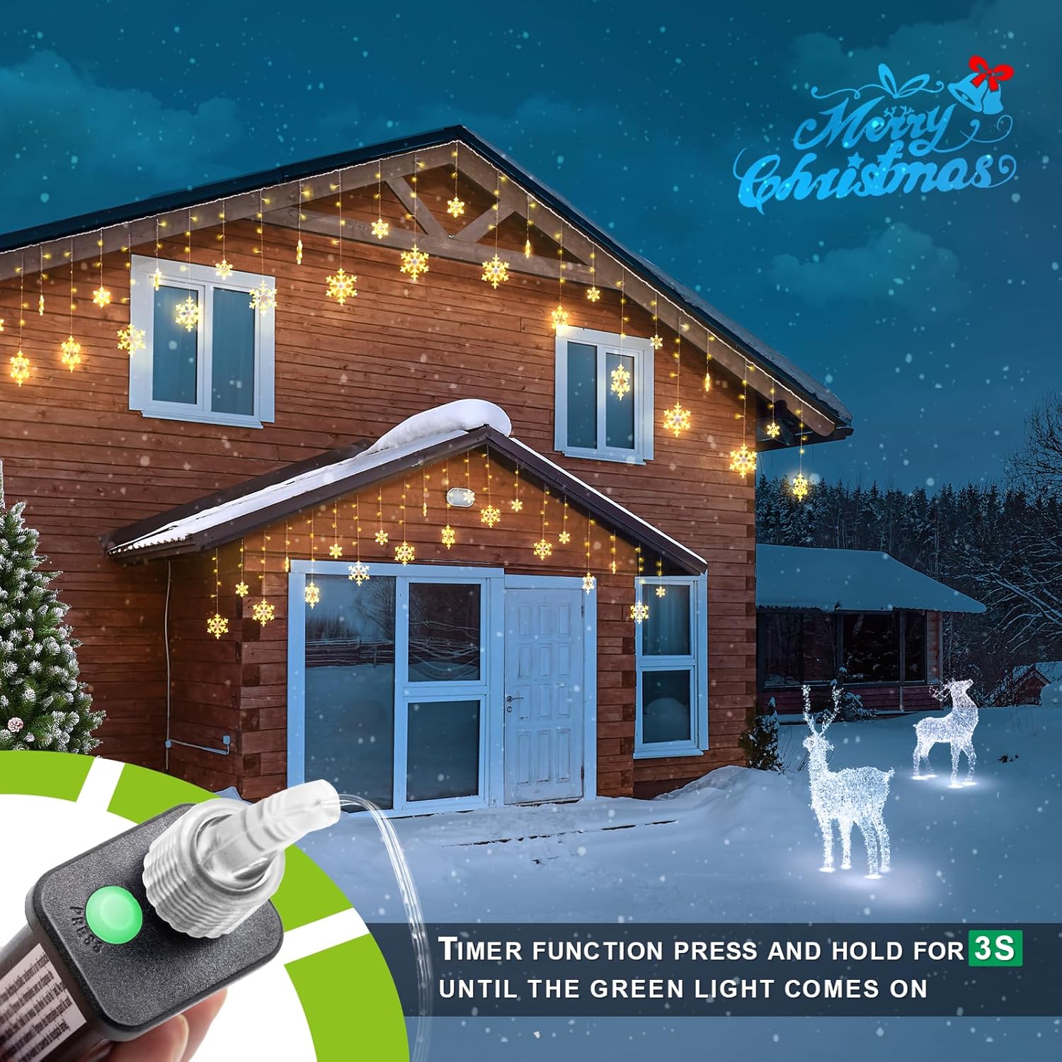 JOFIOS Luces de copo de nieve de Navidad, 11.48 pies, luces LED de Navidad con 14 gotas, luces de copo de nieve impermeables que emiten iluminación